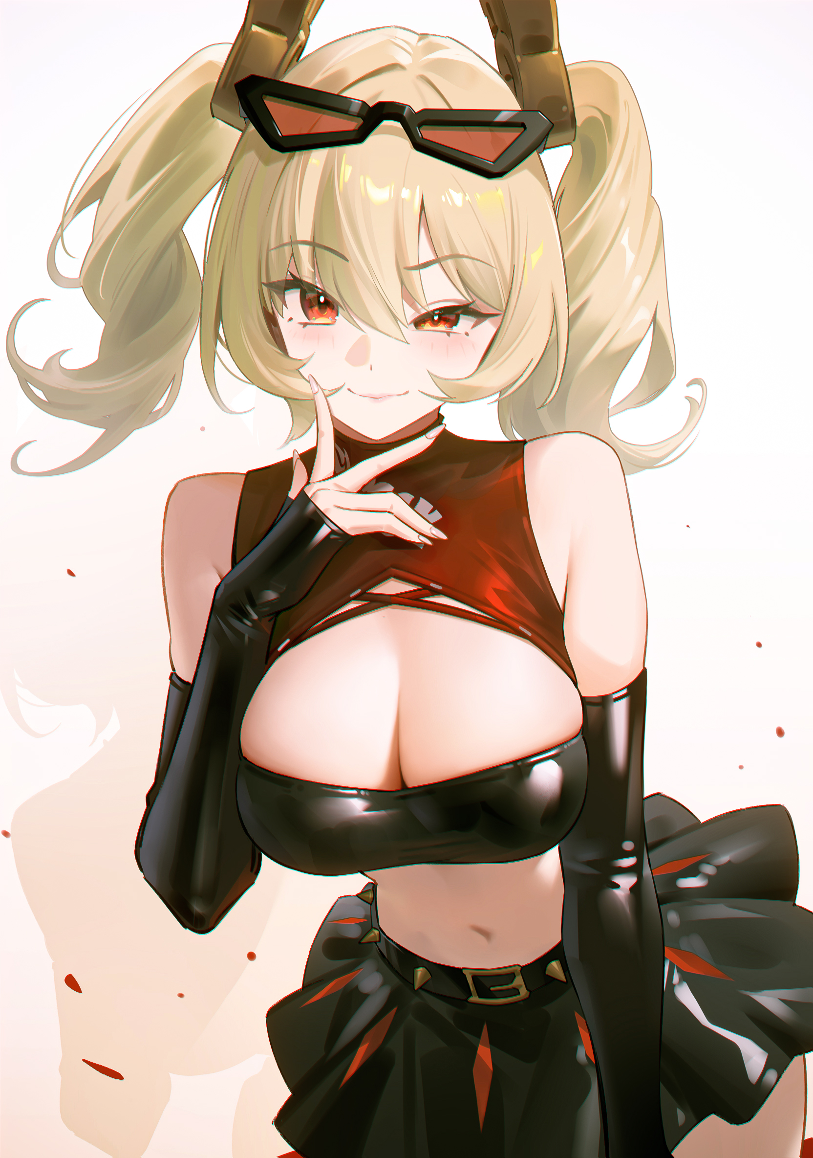 1girls, 95 (jiuwujiang), bare shoulders, black skirt, black sleeves, blonde hair, blush, breasts, burnice white, cleavage, cleavage cutout, closed mouth, clothing cutout, commentary, crop top, detached sleeves, english text, eyewear on head, female, female only, finger to own chin, hair between eyes, hair intakes, highres, large breasts, looking at viewer, midriff, navel, red eyes, red-tinted eyewear, skindentation, skirt, sleeveless turtleneck shirt, sleeves past wrists, solo, stomach, tinted eyewear, twintails, zenless zone zero