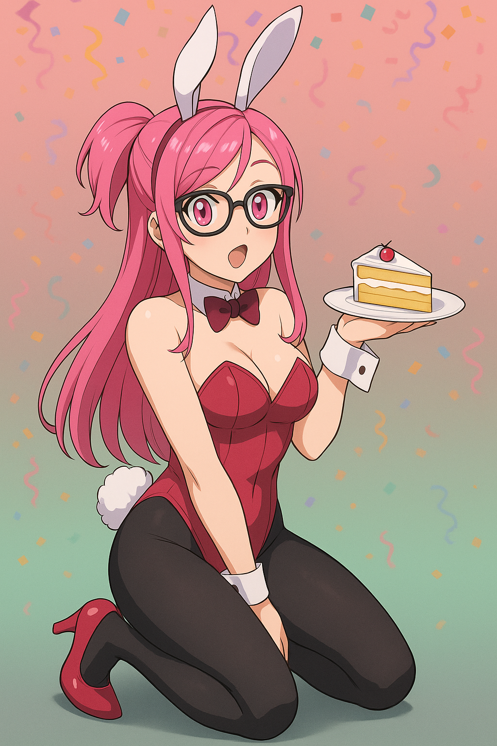 ai_generated birthday_cake bob_cut bowtie breasts bunny_ears bunny_girl bunny_tail bunnysuit cake celebration cute glasses hair heels nice_tits not_porn oc open_mouth original_character pink_eyes pink_hair pinku_(oc) plate ponytail red_bunnysuit red_heels shiny_breasts slice_of_cake strawberry tights