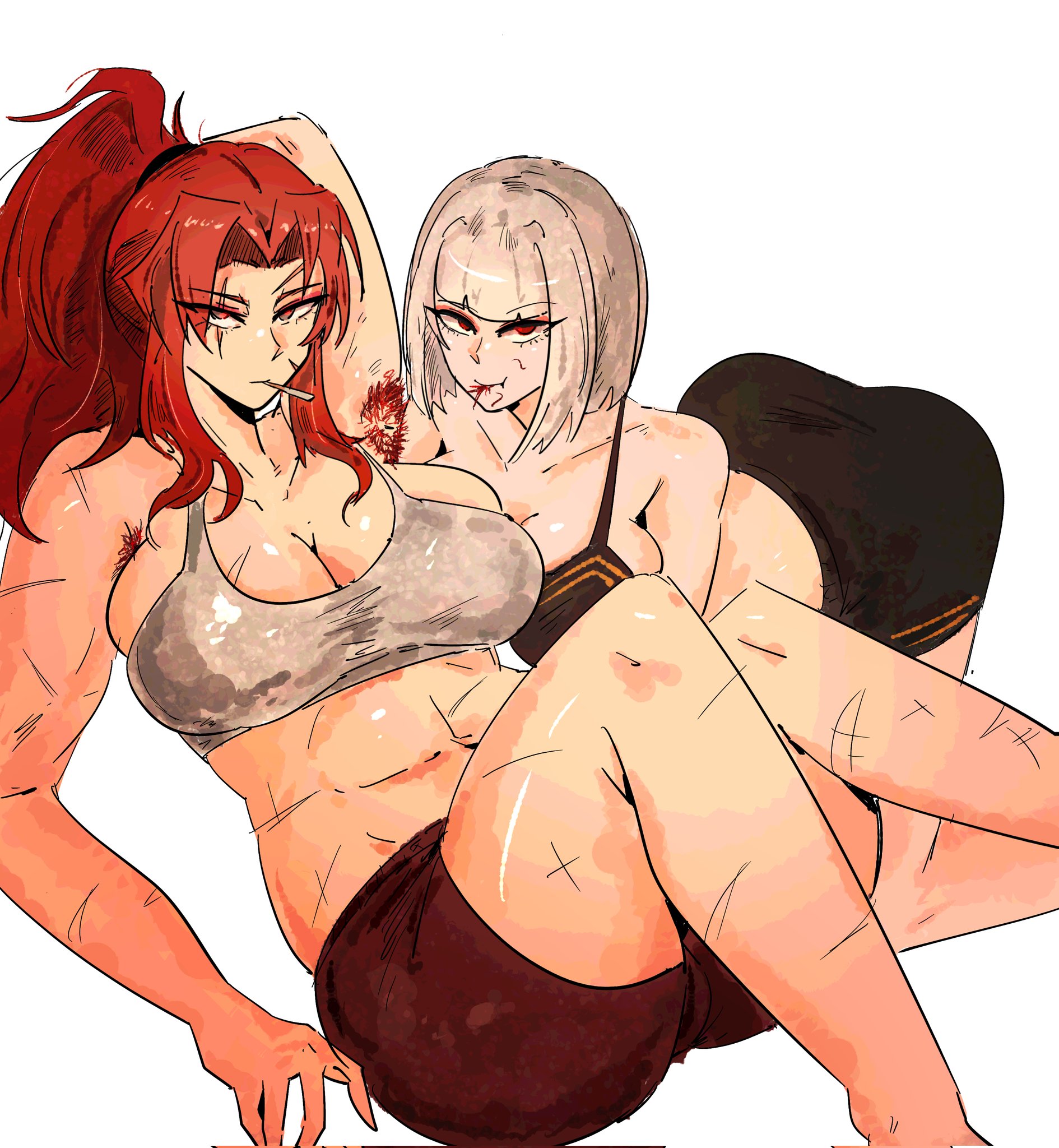 2girls, arczaeon, armpit hair, armpits, big breasts, breasts, cleavage, female, female only, female/female, gebura (lobotomy corporation), hairy armpits, huge breasts, human, large breasts, library of ruina, licking armpit, lobotomy corporation, myo (lobotomy corporation), project moon, stray armpit hair, stray pubic hair, yuri