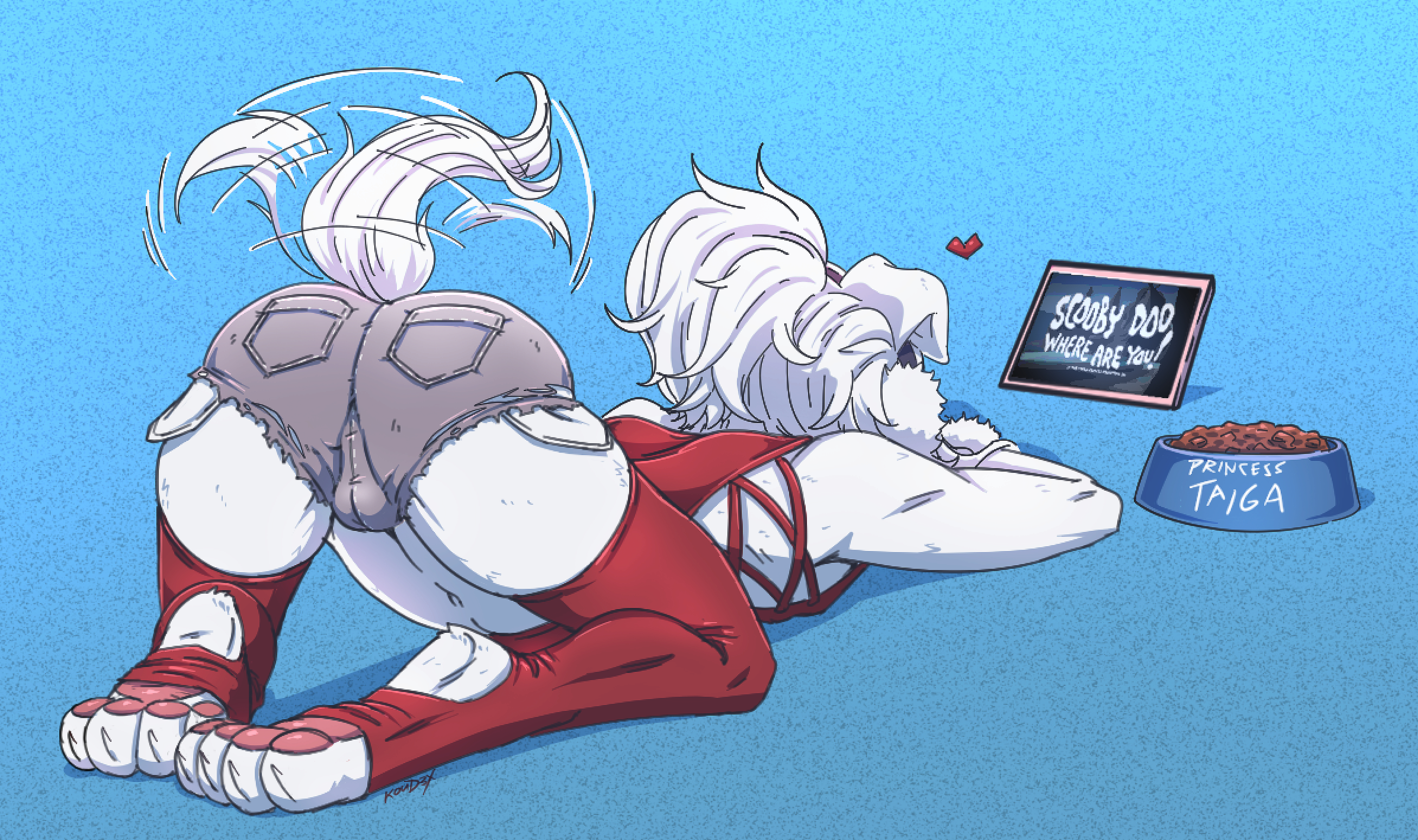 ass, ass focus, belly button, blue background, booty shorts, buldge, bungotaiga, dog dish, dog food, dogboy, earmuffs, furry, heart, koud3x, open side sweater, paws, ponytail, princess, scooby-doo, sweater, tablet, taigaxholic, tail wagging, thighhighs, tummy, watching tv