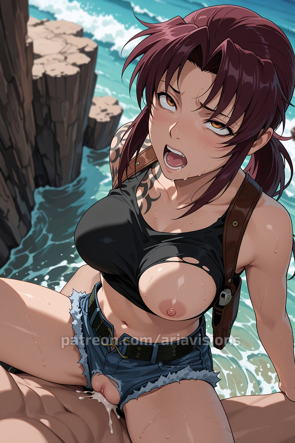 ahe gao, ai assisted, ai generated, amber eyes, ariavisions, black lagoon, breasts, burgundy hair, cum in pussy, female, male, moaning, one breast out, patreon, penis, ponytail, purple hair, pussy, revy, riding penis, upright straddle