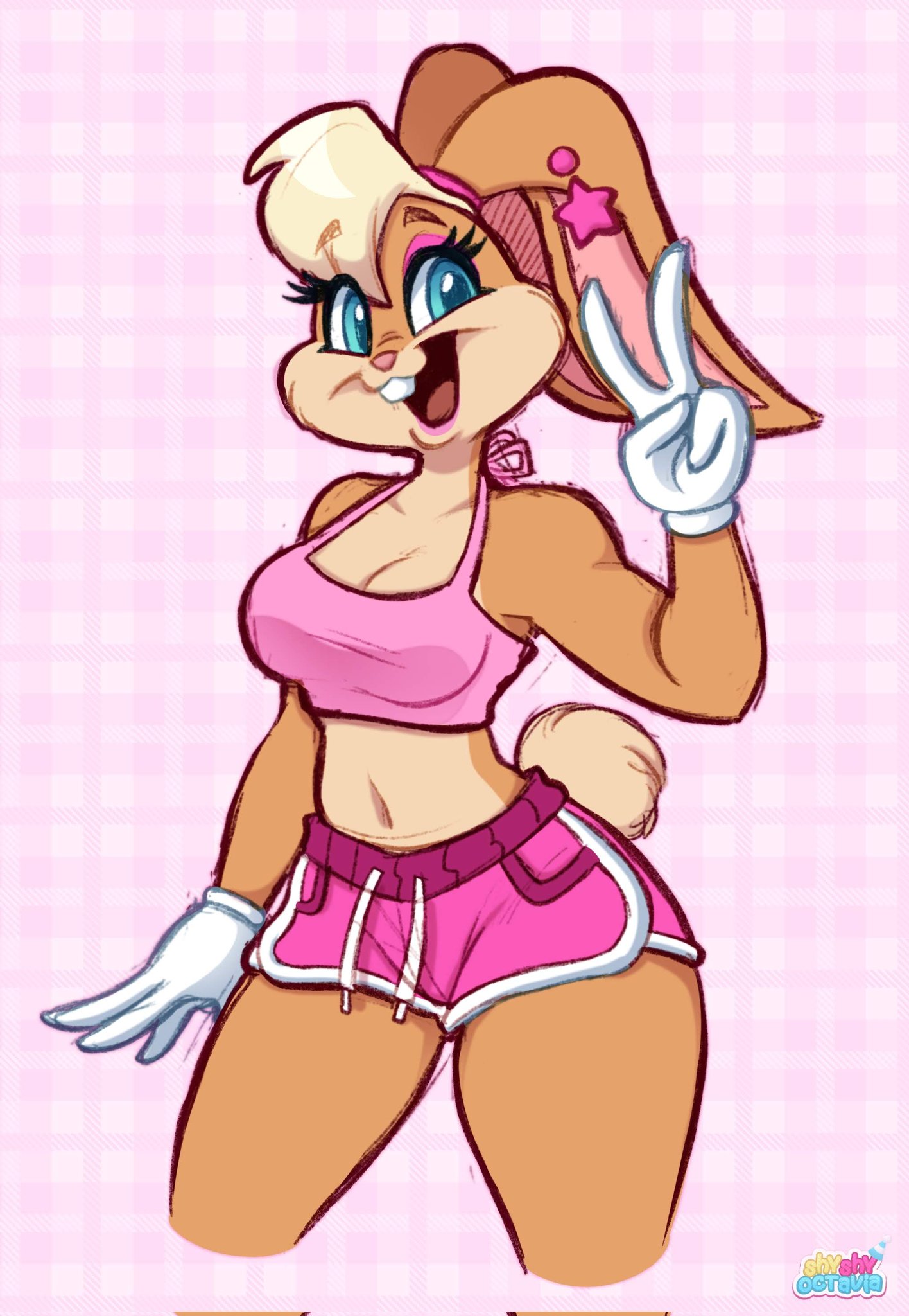 1girls, artist name, blue eyes, breasts, brown fur, bunny ears, bunny girl, bunny tail, busty, cleavage, curvy, female, furry, gloves, lola bunny, looney tunes, midriff, peace sign, short shorts, shorts, shyshyoctavia, warner brothers