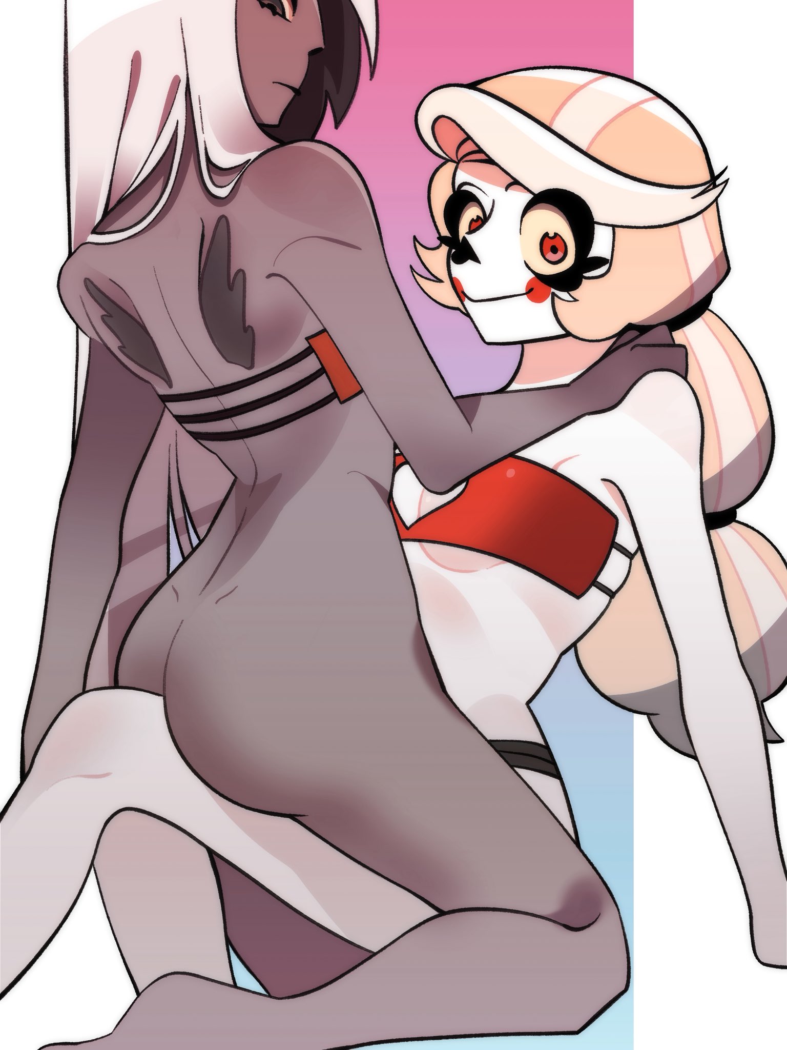 2girls, algamja897, ass, backside, bare ass, bare skin, belly, black panties, blonde hair, bottomless, bottomless female, bra, braided hair, breasts, canon couple, charlie morningstar (hazbin hotel), demon, demon girl, demon humanoid, female, female only, female/female, grey body, hazbin hotel, les, lesbian couple, looking at viewer, multiple females, multiple girls, panties, smile, straddling, straddling leg, thick thighs, underwear, vaggie (hazbin hotel), vivienne medrano, yuri