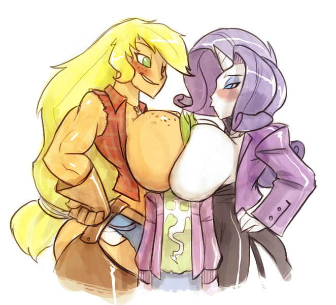 applejack (mlp), bigdad, boobs pressed, breasts, equestria girls, face between breasts, face in breasts, female, huge breasts, male, my little pony, rarity (mlp), shorter male, spike (mlp)
