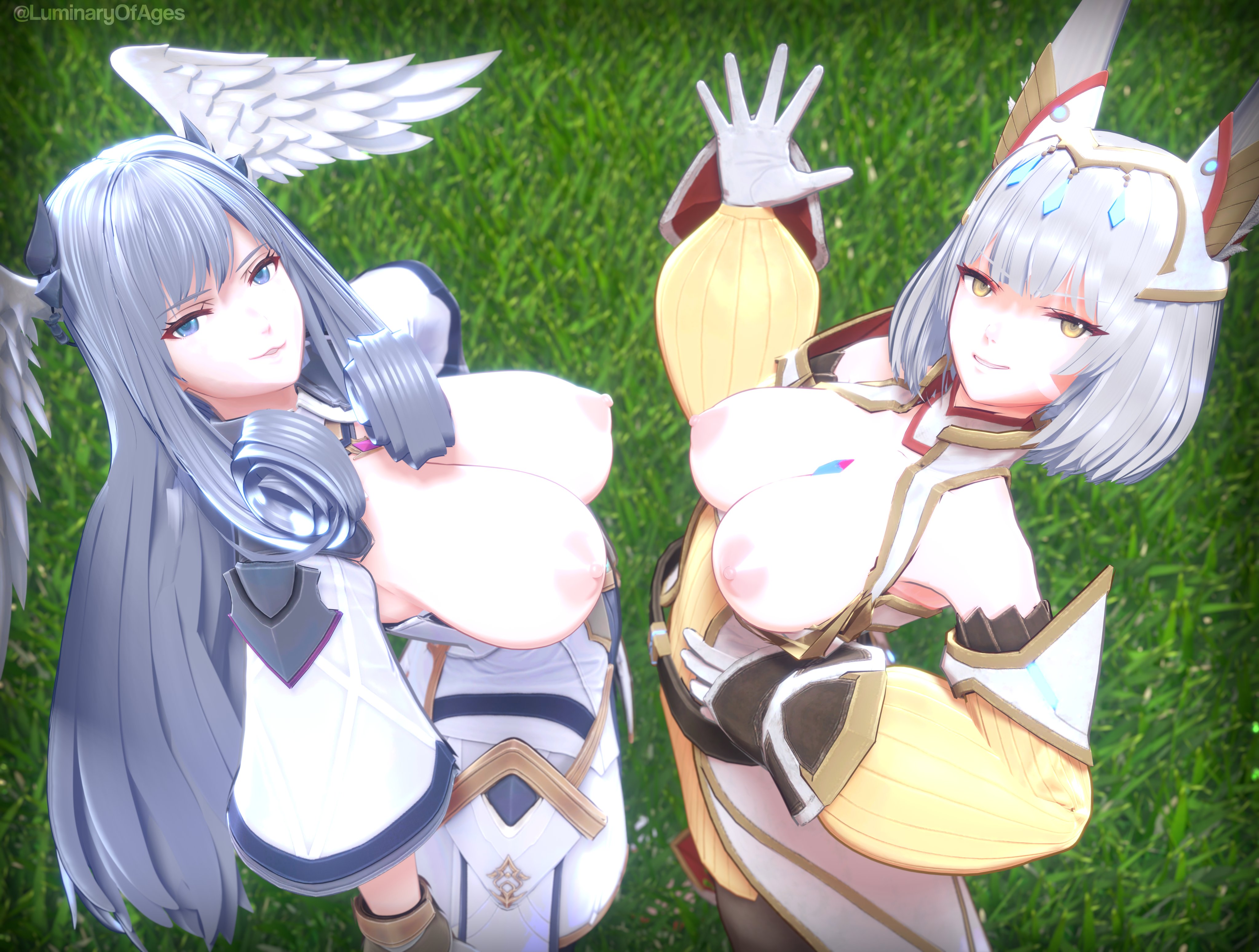 2girls, 3d, animal ears, big breasts, blue eyes, breasts, breasts out, detached sleeves, female, female only, gloves, grey hair, grin, hand on hip, head wings, large breasts, light skin, light-skinned female, looking at viewer, luminaryofages, melia antiqua, melia antiqua (xenoblade 3), nia (xenoblade), nipples, short hair, silver hair, smile, white hair, xenoblade (series), xenoblade chronicles 2, xenoblade chronicles 3, yellow eyes