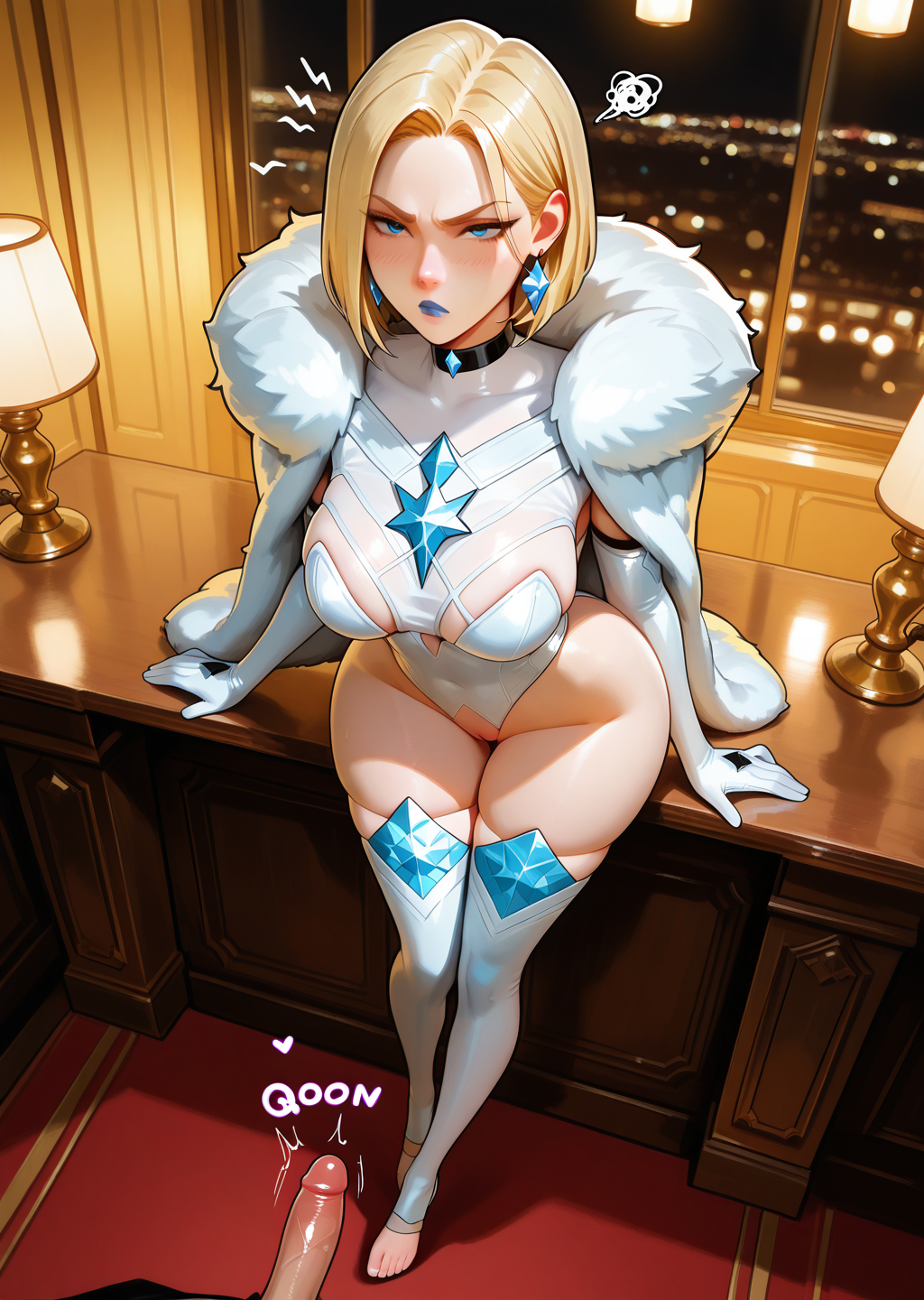 1boy, 1girl, 2d, ai generated, angry face, annoyed, annoyed expression, arm gloves, armwear, ass, barefoot, belly button, belly button visible through clothing, big ass, big breasts, big female, black choker, blonde eyebrows, blonde female, blonde hair, blue earrings, blue eyes, blue lips, blue lipstick, blurry background, blush, bob cut, boss, breasts, cameltoe, choker, city, city background, closed mouth, collarbone, confused, crotchless, curvy, detailed background, earrings, emma frost, emma frost (marvel rivals), eyebrows, eyelashes, female, female focus, hair behind ear, hi res, legs, legs together, legwear, leotard, leshay7, light skin, light-skinned female, little penis, long legs, looking at viewer, looking up, male, marvel, marvel comics, marvel rivals, mature, mature female, meaty thighs, medium hair, milf, night, night sky, no bra, pale skin, pale-skinned female, penis, pussy, shaved, shaved pussy, short hair, sky, solo, solo female, solo focus, standing, stockings, suprised look, taller female, thick legs, thick thighs, thighhighs, thighs, toned legs, tsundere, white armwear, white clothing, white legwear, white leotard, white thighhighs, window