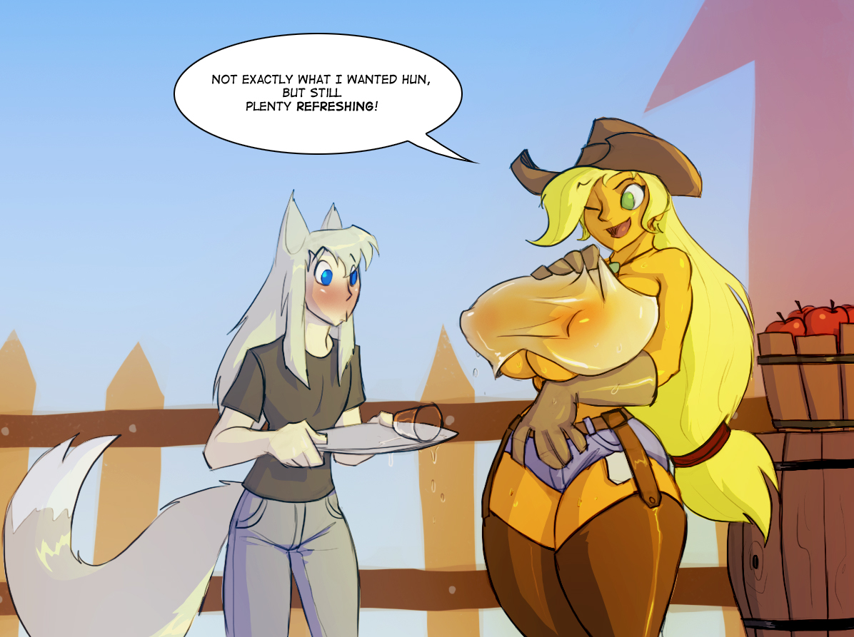 absolute territory, applejack (mlp), arm under breasts, bigdad, breasts, female, jorts, my little pony, seductive pose, shorts, tank top, wet clothes, wet tank top