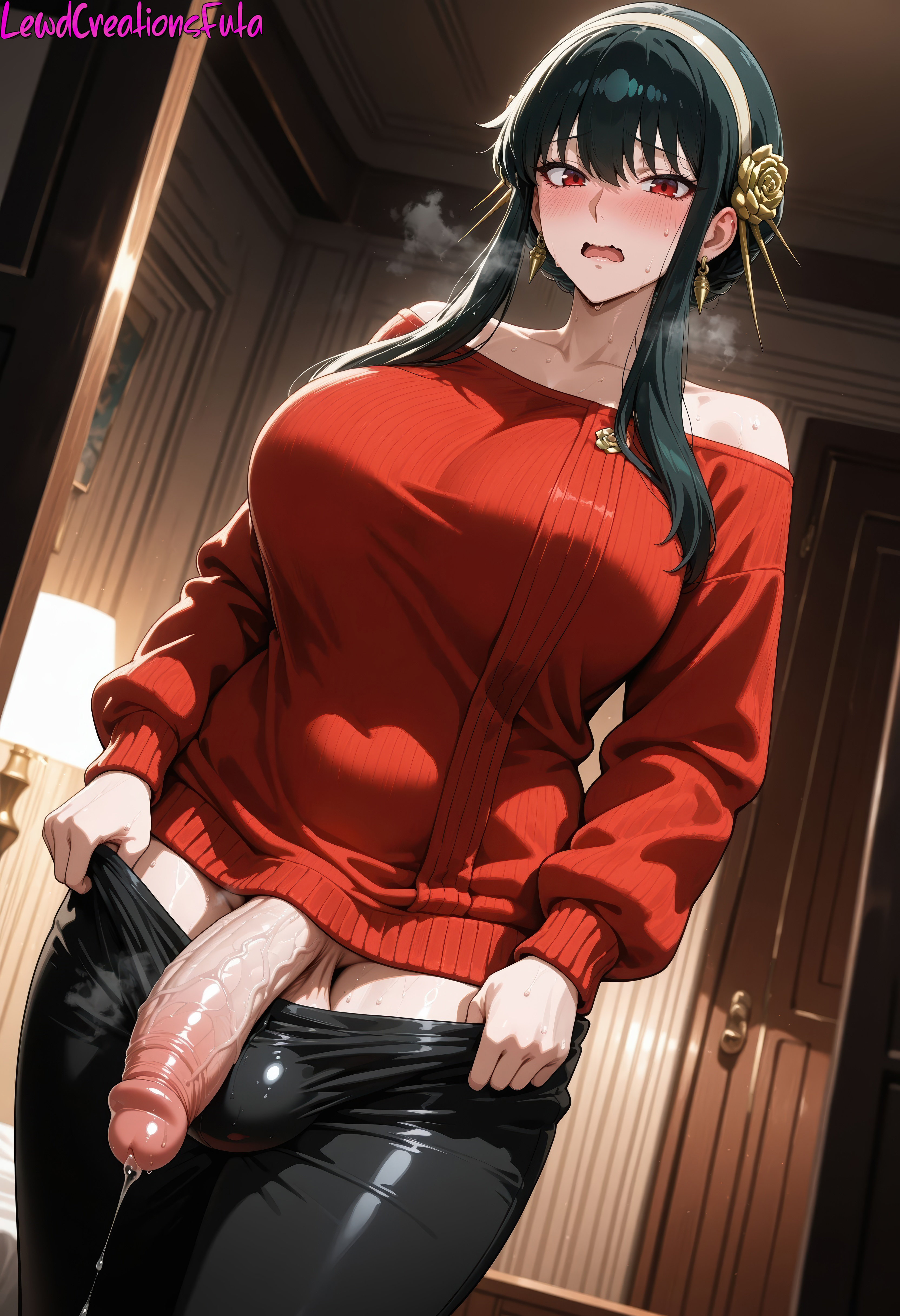 1girls, absurd res, ai generated, balls, bedroom, black hair, blush, breasts, curvy, curvy figure, dickgirl, dickgirl/female, embarrassed, female, flaccid, futa only, futadom, futanari, high resolution, highres, huge balls, huge cock, indoors, intersex, lewdcreationsfuta, mature, mature female, mature woman, milf, open mouth, penis, penis out, precum, precum drip, precum on penis, precum string, pulling down pants, red eyes, sexually suggestive, solo, solo female, solo focus, spy x family, tagme, thick, thick legs, thick thighs, thighs, veiny, veiny penis, yor briar, yor forger