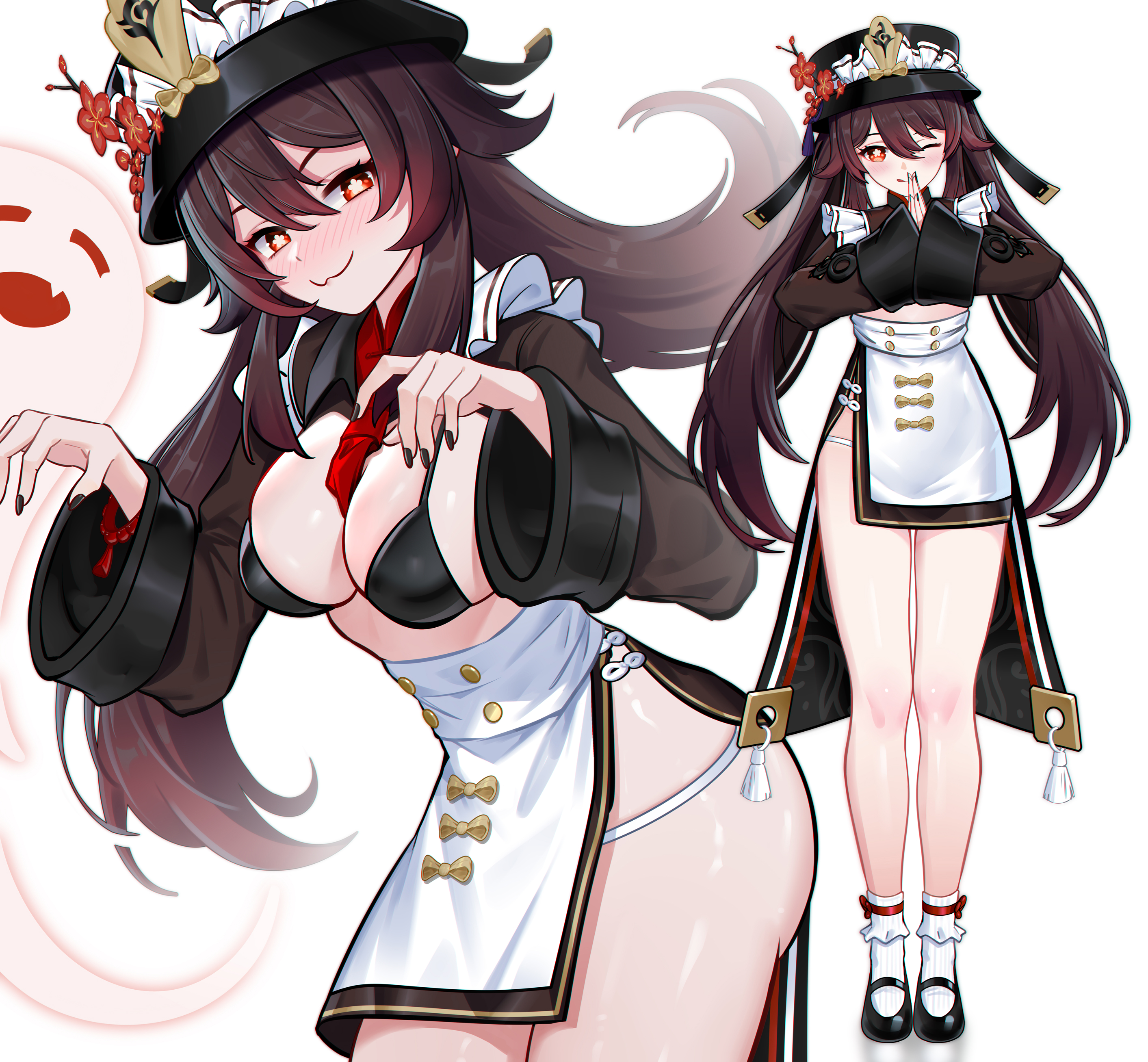 1girls, 95 (jiuwujiang), absurdres, bikini, black bikini, black nails, blush, breasts, brown hair, chinese clothes, female, female only, flower, full body, genshin impact, ghost, hat, hat flower, highres, hu tao (genshin impact), long sleeves, looking at viewer, medium breasts, nail polish, own hands together, revealing clothes, simple background, smile, socks, swimsuit, symbol-shaped pupils, tailcoat, top hat, twintails, white background, wide sleeves