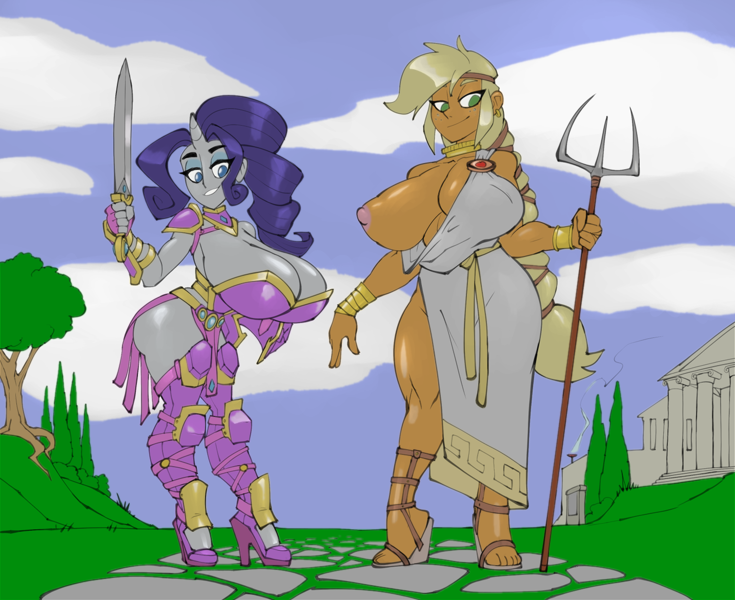 applejack (eg), applejack (mlp), bigdad, boots, breasts, breasts bigger than head, busty, cleavage, equestria girls, exposed breast, female, greek clothes, greek mythology, high heel boots, high heels, my little pony, rarity (eg), rarity (mlp), tagme, toga