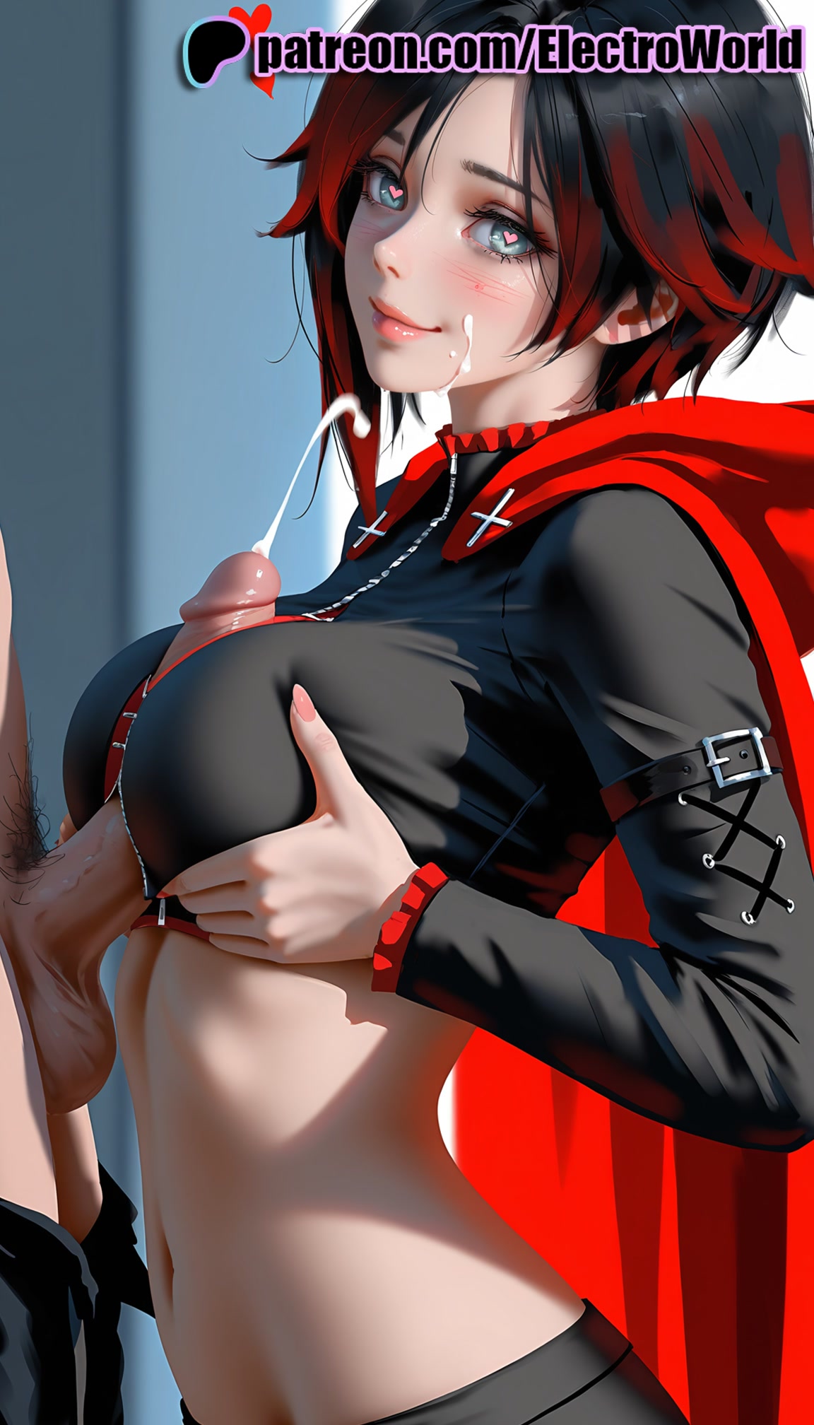 1boy, 1girls, 2025, ai generated, artist name, boobjob, breastjob, breasts, bust, chest, cock, cum, cum on body, cum on breasts, dick, ejaculation, electroworld, english text, facial, female, gradient hair, grey eyes, heart, heart-shaped pupils, hi res, high quality, high resolution, highres, male, male pubic hair, multicolored hair, navel, paizuri, patreon, patreon username, penis, pubic hair, red hair, ruby rose, rwby, short hair, stable diffusion, straight, symbol-shaped pupils, titjob, two-tone hair, uncensored, watermark