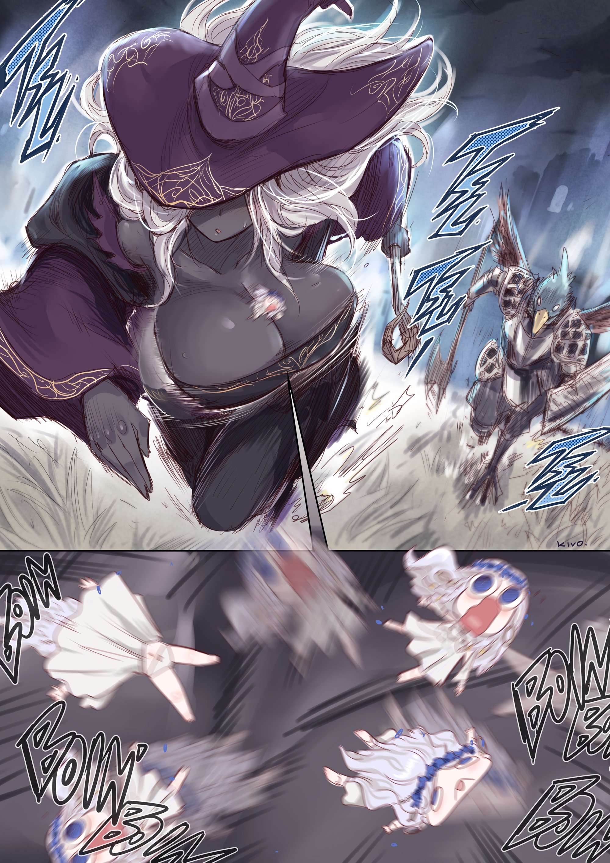 1boy, 2d, 2d (artwork), 2girls, armored male, avian humanoid, big breasts, bouncing, bouncing breasts, bouncing on breasts, breasts, busty, busty female, chibi, cleavage, clothed, dark skin, dark-skinned female, digital art, digital drawing (artwork), digital media (artwork), elden ring, elden ring nightreign, female, fromsoftware, funny, guardian (nightreign), kivonotbabu, male, recluse (nightreign), revenant (nightreign), running, sound effects, tiny female, white hair, witch, witch hat