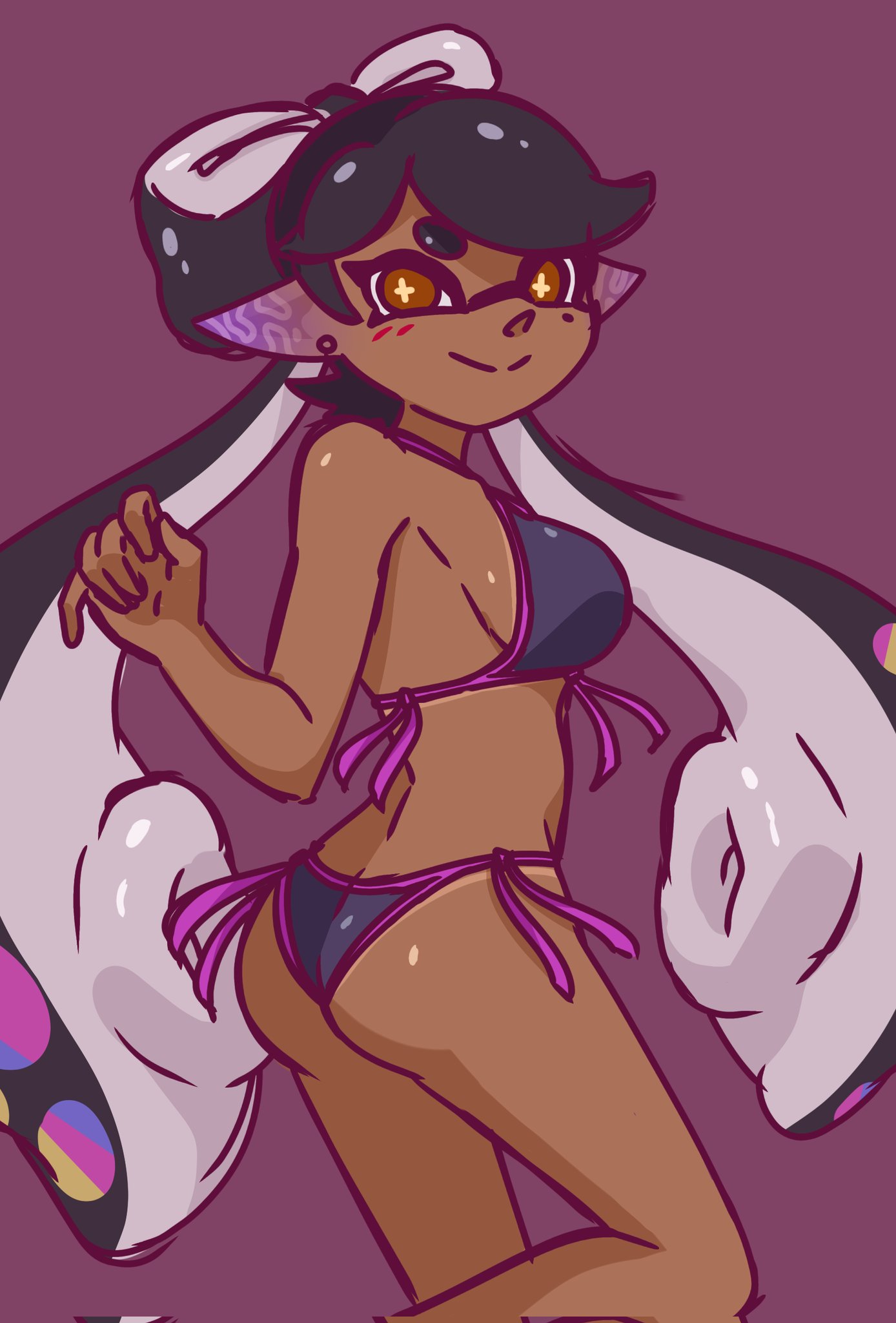 1girls, alternate skin color, ass, back view, bikini, callie (splatoon), crystallizedboo, female, inkling, nintendo, splatoon, splatoon (series), squid sisters, summer, tan body, tan skin