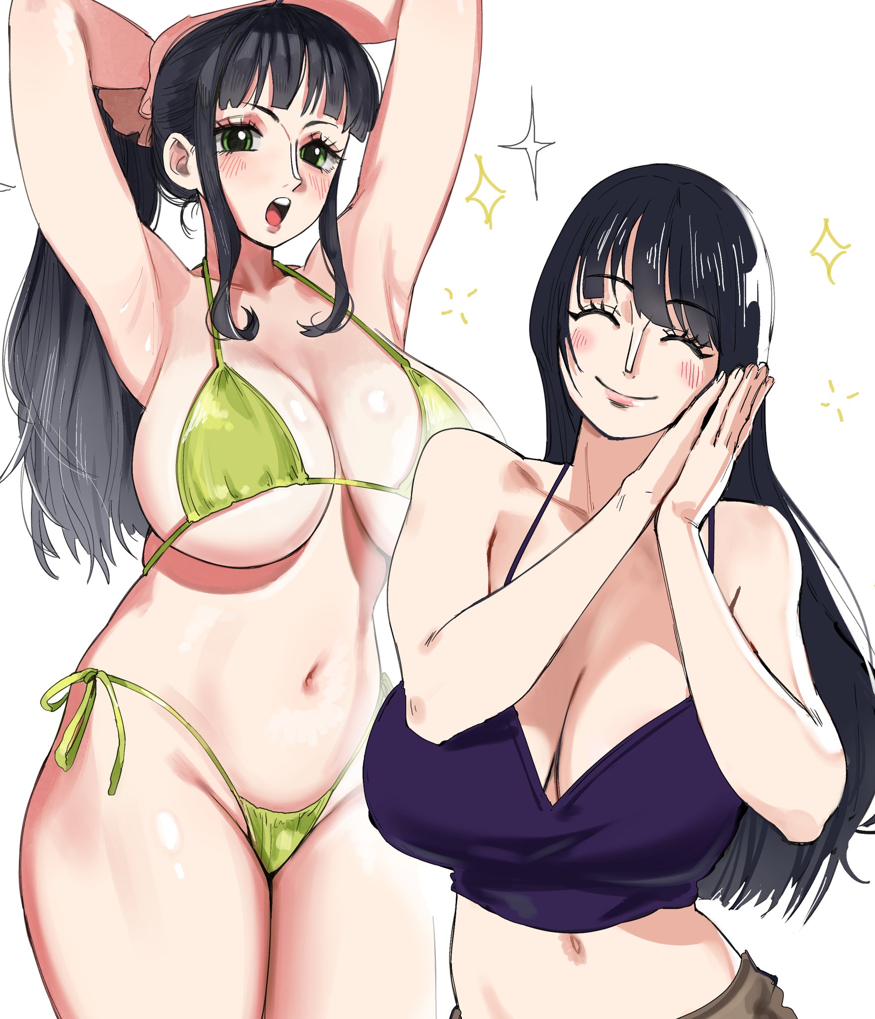 1girls, adult, adult female, almost naked, almost nude, arm above head, arm up, armpit crease, armpit peek, armpits, arms above head, arms up, bare armpits, bare belly, bare chest, bare hands, bare hips, bare legs, bare midriff, bare navel, bare shoulders, bare thighs, belly, belly button, bewitching thighs, big breasts, bikini, bikini bottom, bikini only, bikini top, black hair, black-haired female, blunt bangs, blush, blush face, blushing female, blushing lines, breasts, busty, busty female, child bearing hips, closed eyes, closed mouth smile, clothing, collarbone, curvaceous, curvaceous body, curvaceous female, curvaceous figure, curvaceous hips, curvaceous thighs, curvy, curvy body, curvy female, curvy figure, curvy hips, curvy thighs, elbows, exposed armpits, exposed arms, exposed belly, exposed chest, exposed hips, exposed legs, exposed midriff, exposed navel, exposed shoulders, exposed skin, exposed thighs, eyebrows visible through hair, female, female focus, female only, fingernails, fingers, green eyes, green-eyed female, groin, hairless armpits, halterneck, hand above head, hand behind head, hand up, hands above head, hands behind head, hands up, head tilt, high resolution, highres, hourglass figure, jerrydurd, large breasts, lean figure, legs closed, legs together, lips, long hair, looking at viewer, looking down, looking down at viewer, mature, mature female, micro bikini, midriff, mostly nude, naked, naked female, naked woman, narrow waist, navel, nearly nude, nico robin, nude, nude female, nudity, one piece, plump breasts, ponytail, practically nude, shaved armpits, shoulders, side-tie bikini, simple background, slender body, slender waist, slim waist, smile, smiley face, smiling at viewer, smirk, solo, standing, string bikini, swimsuit, swimwear, thick thighs, thighs, thong bikini, tilted head, upper body, white background, wide hips