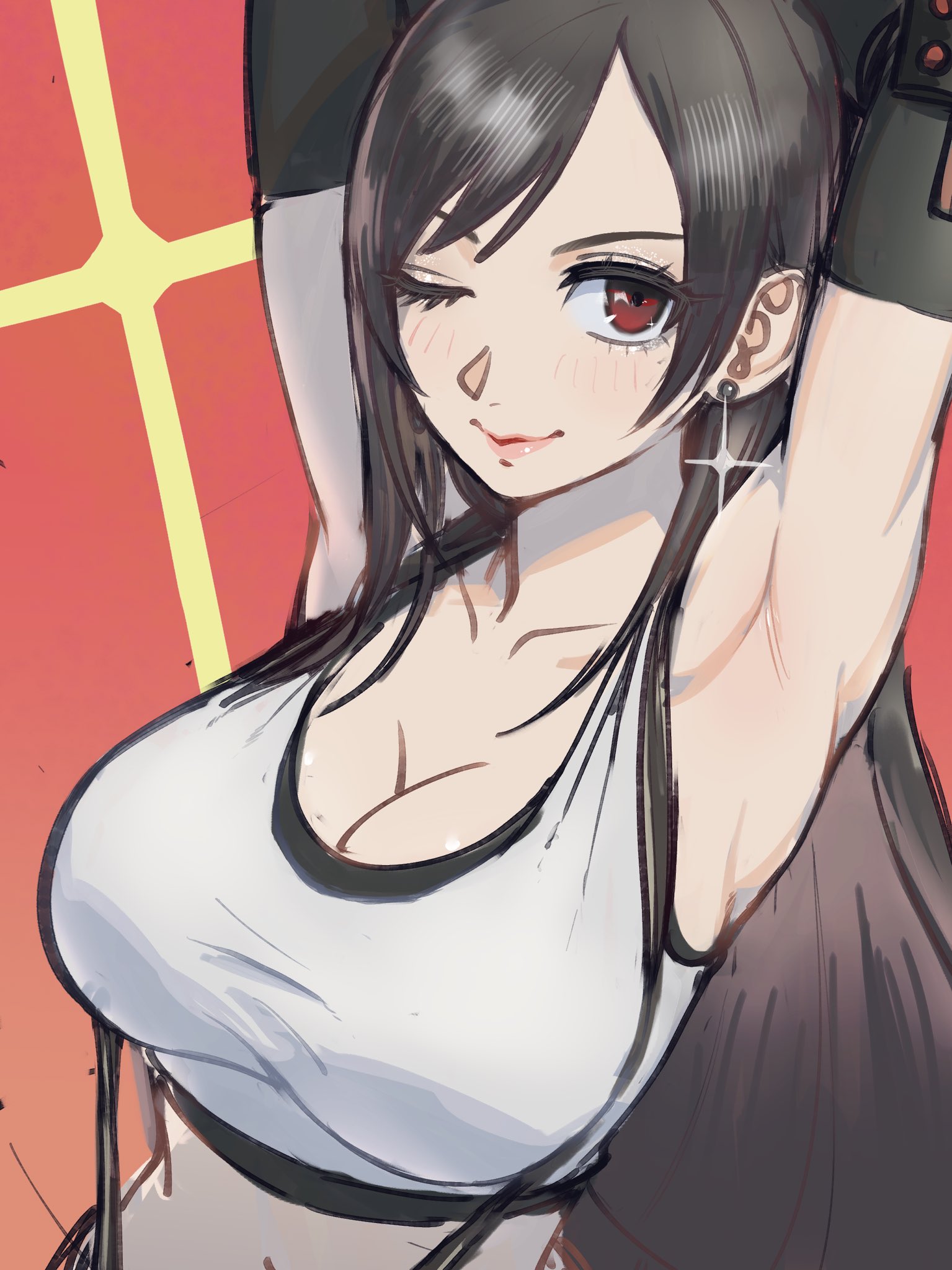 1girls, armpits, arms behind head, arms up, big breasts, black gloves, black hair, black shorts, breasts, brown eyes, cleavage, closed mouth, collarbone, crop top, earrings, elbow gloves, female, female only, final fantasy, final fantasy vii, final fantasy vii remake, gloves, highres, jewelry, large breasts, light smile, long hair, looking at viewer, navel, one eye closed, poechan, poechan chan, red background, shirt, shorts, simple background, smile, solo, sparkle, square enix, suspenders, tifa lockhart, upper body, white background, white shirt