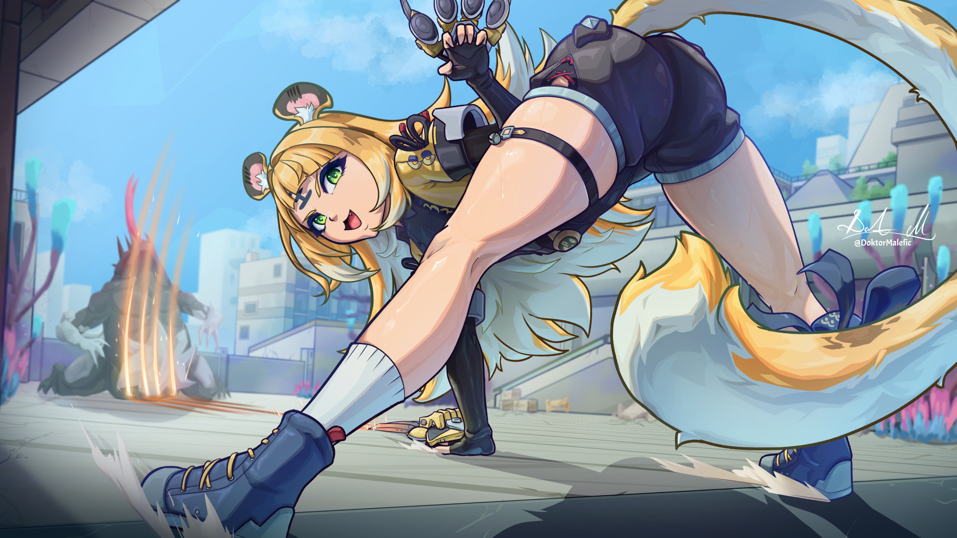 1girls, ass, background, big ass, blonde female, blonde hair, breasts, color, colored, doktor malefic, ethereal (zenless zone zero), female, green eyes, hoyoverse, ju fufu, ju fufu (zenless zone zero), long hair, long tail, mihoyo, shortstack, small breasts, smaller female, sweat, sweatdrop, sweating, sweaty, tiger, tiger ears, tiger girl, tiger tail, zenless zone zero