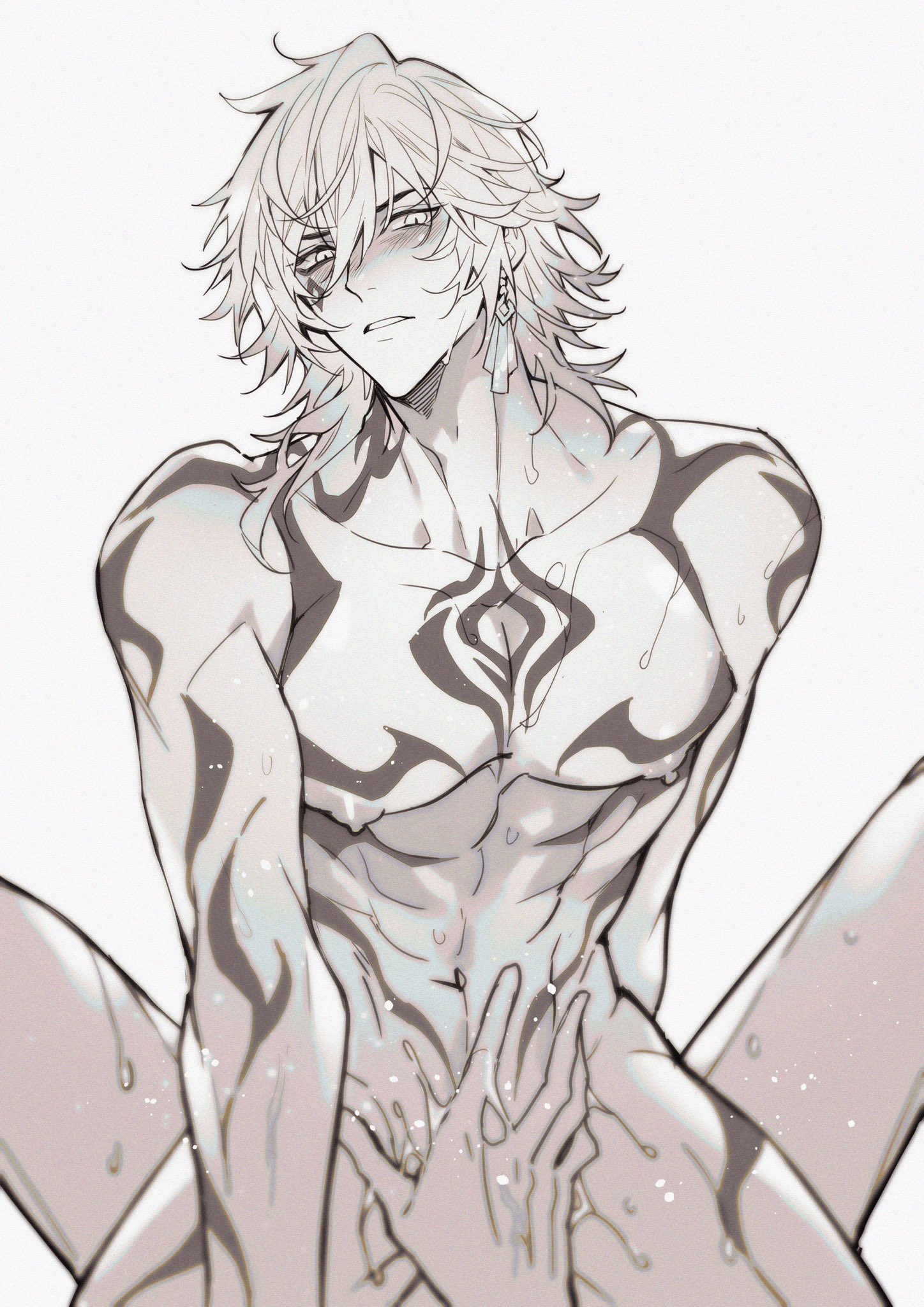 a y approved, cowgirl position, cum, cuntboy, earrings, gay, honkai: star rail, intersex, long hair, male, monochrome, muscles, mydei (honkai: star rail), penis, phaidei (honkai: star rail), phainon (honkai: star rail), riding, riding penis, tattoo