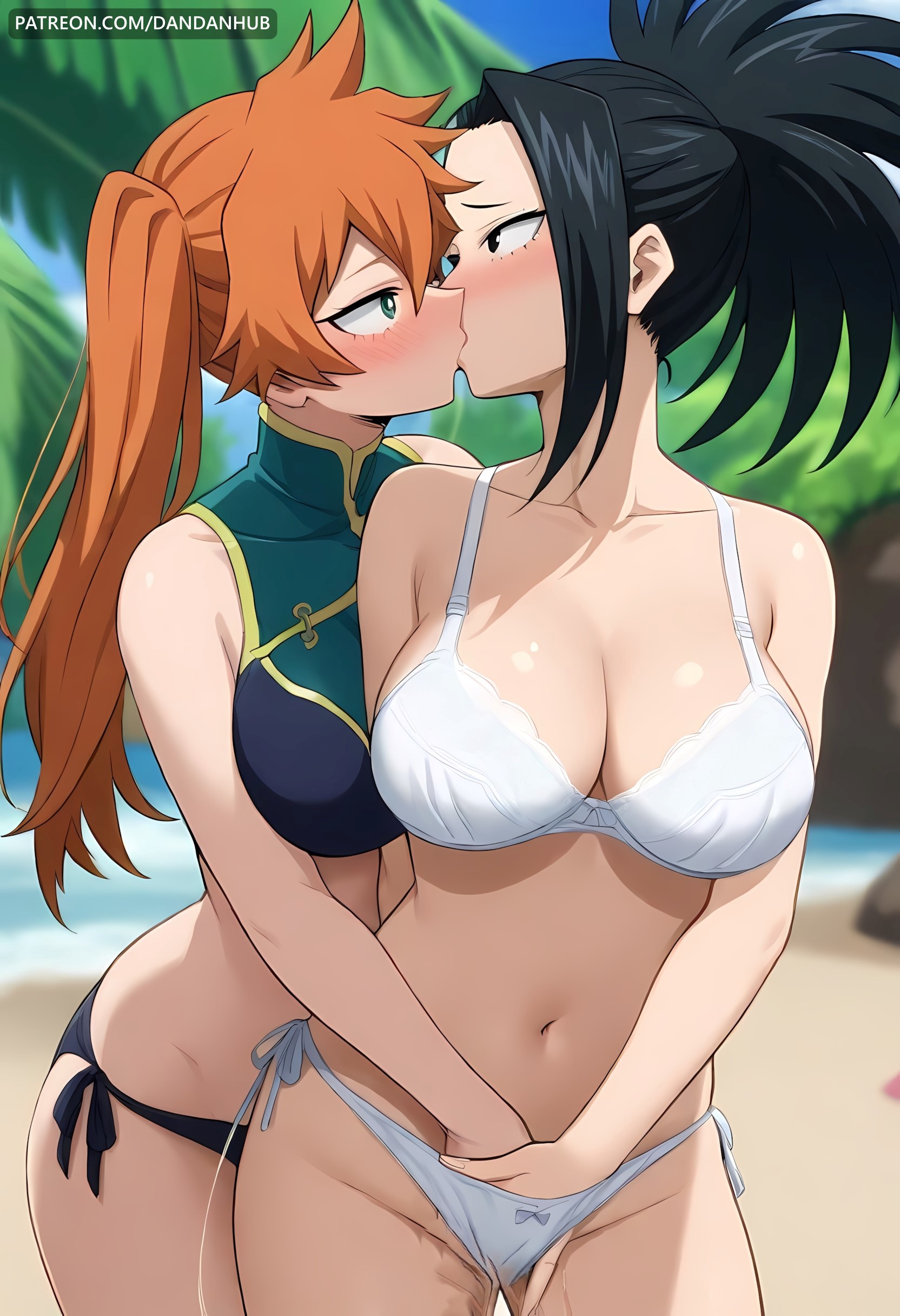 2girls, ai generated, beach, bikini, black eyes, black hair, black-haired female, blush, boku no hero academia, bra, breasts, cleavage, collarbone, dandanhub, day, female, female only, fingering, french kiss, green eyes, hand in panties, itsuka kendou, kendou itsuka, kissing, large breasts, long hair, looking at another, momo yaoyorozu, multiple females, multiple girls, my hero academia, navel, orange hair, orange-haired female, outdoors, panties, ponytail, pussy, pussy juice, sand, side ponytail, side-tie bikini bottom, swimsuit, underwear, white bikini, white bra, white panties, yaoyorozu momo, yuri
