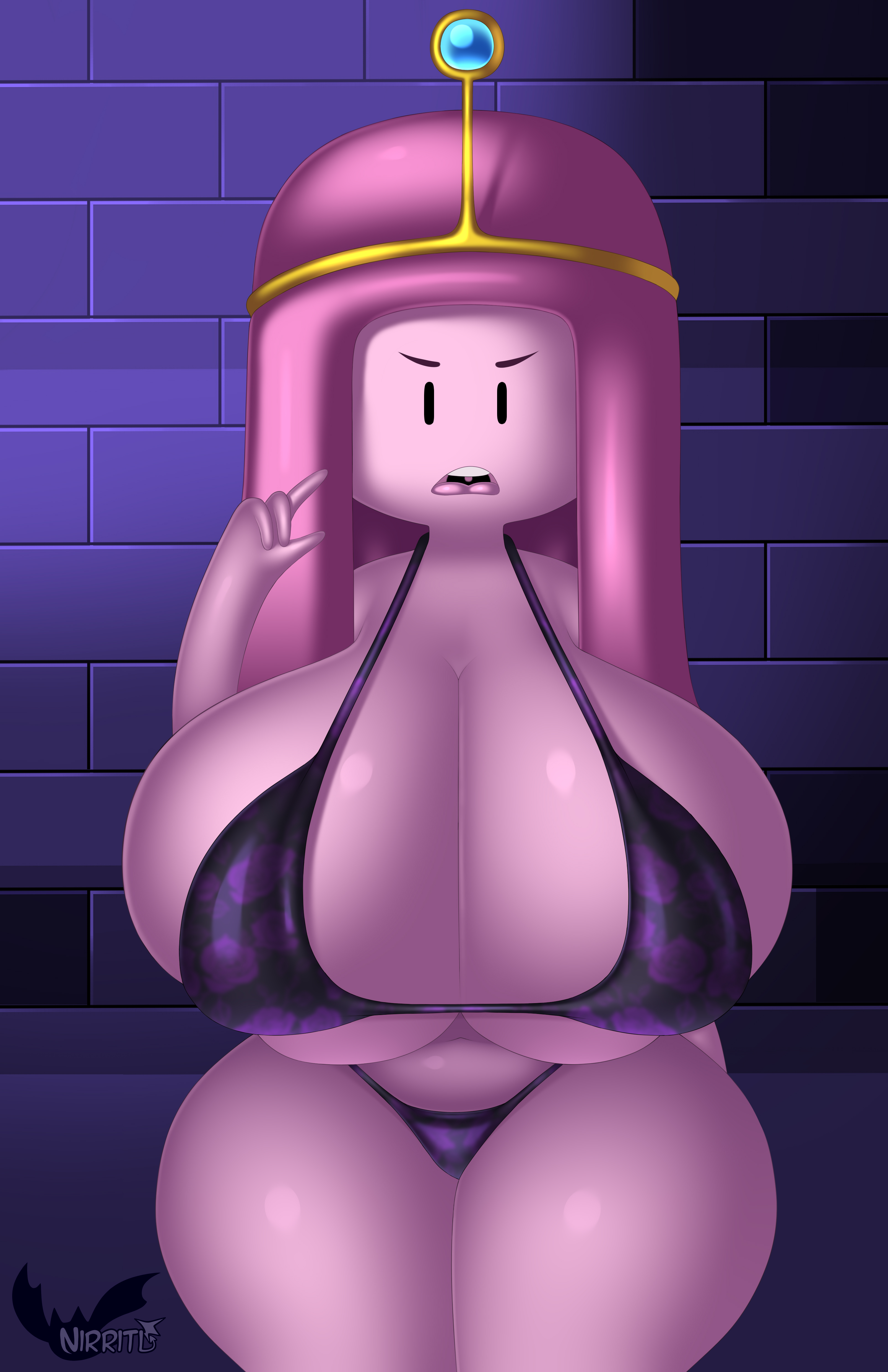 1girls, 2d, 2d (artwork), 2d artwork, absurd res, adventure time, angry, angry expression, angry face, annoyed, big breasts, big hips, bikini, black bikini, black bikini top, breasts, breasts bigger than head, breasts bigger than torso, breasts together, cartoon network, child bearing hips, cleavage, curvaceous, curvaceous body, curvaceous female, curvaceous figure, curvaceous hips, curvaceous thighs, curvy, curvy body, curvy female, curvy figure, curvy hips, curvy thighs, enormous breasts, enormous tits, female, female focus, female only, front heavy breasts, full cleavage, gigantic breasts, gigantic tits, goo hair, gum hair, hi res, highres, hourglass figure, hourglass figured female, huge breasts, huge hips, humongous breasts, inner hair, large breasts, large hips, large tits, looking at viewer, massive breasts, massive hips, massive tits, meaty thighs, mob face, nirriti, open mouth, pink body, pink hair, pink skin, plump breasts, princess bubblegum, pseudo hair, purple body, purple hair, purple skin, purple-skinned female, queen, round breasts, royalty, shaded, shiny breasts, shiny skin, slime hair, solo, solo female, solo focus, straight hair, swimsuit, swimwear, swimwear only, textless version, thick thighs, thunder thighs, tongue, uncontainable breasts, venus body, voluptuous, voluptuous female, wall, wall (structure), wide hips