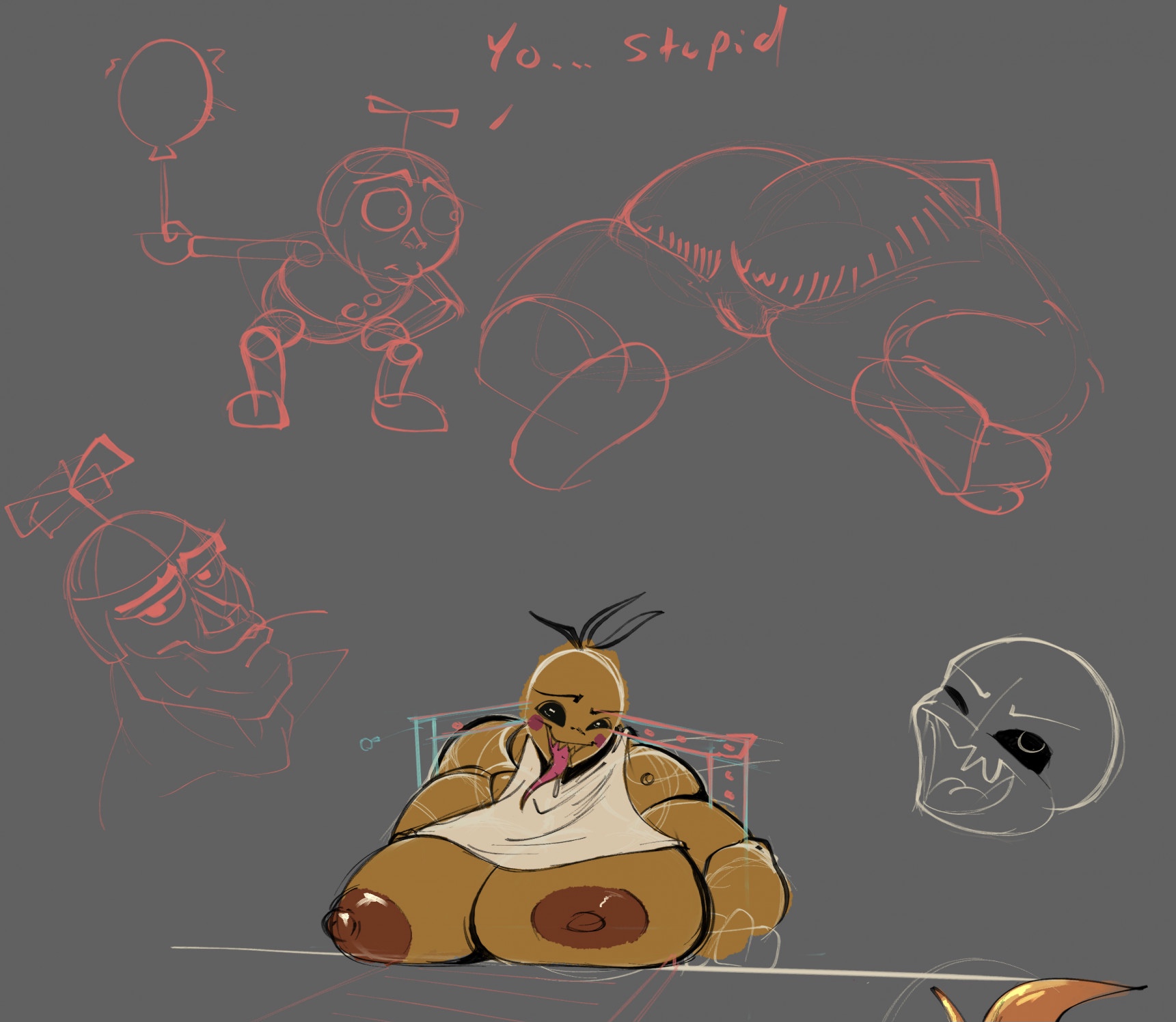 1girls, balloon boy (fnaf), chad (meme), dialogue, female, five nights at freddy's, five nights at freddy's 2, rezrezyarts, scottgames, sketches, stuck, stuck in vent, toy chica (fnaf), trapped, vent