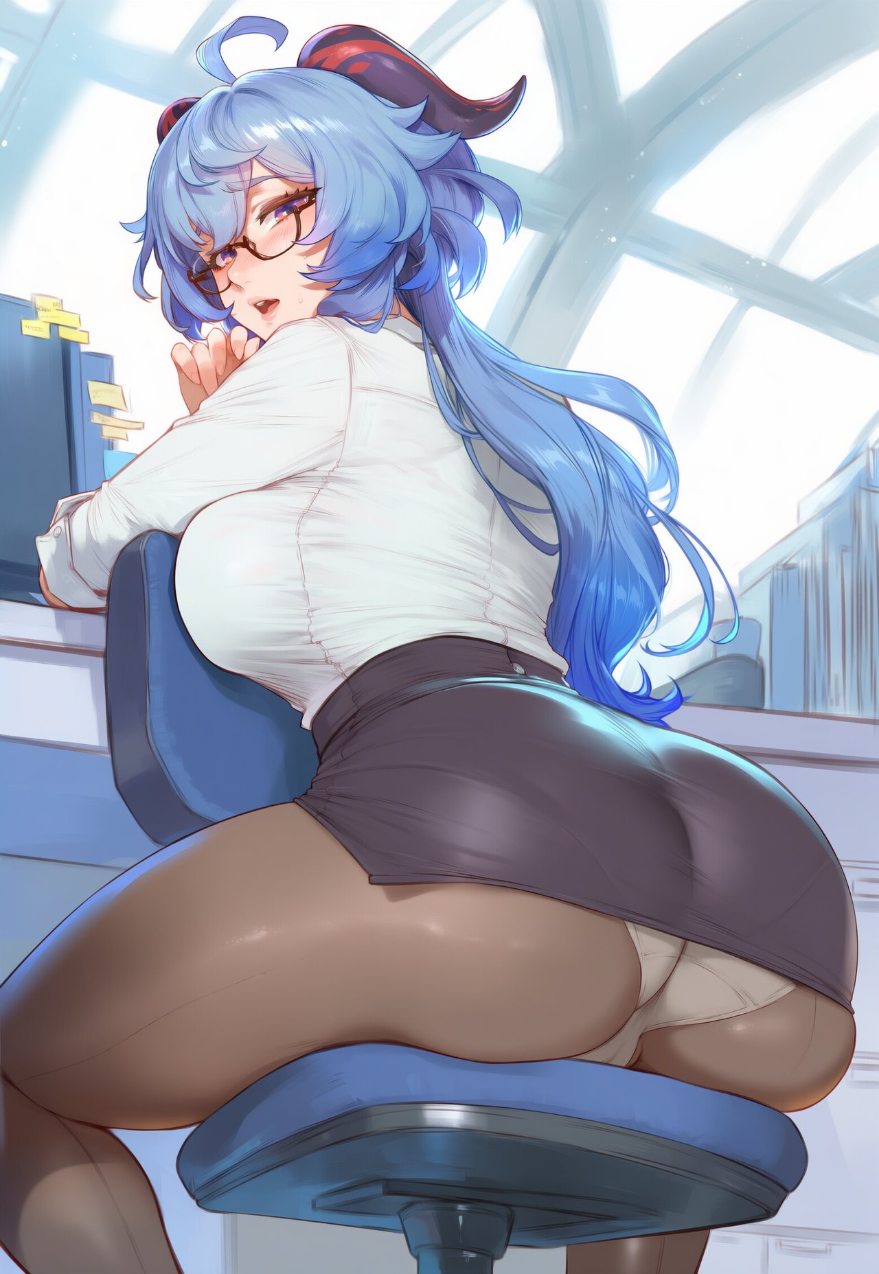 ai generated, ass, back view, big ass, blue chair, blush, blushing, facing away, female, fully clothed, ganyu (genshin impact), genshin impact, glasses, hydrolis999, office chair, office lady, sitting on chair, tight clothing