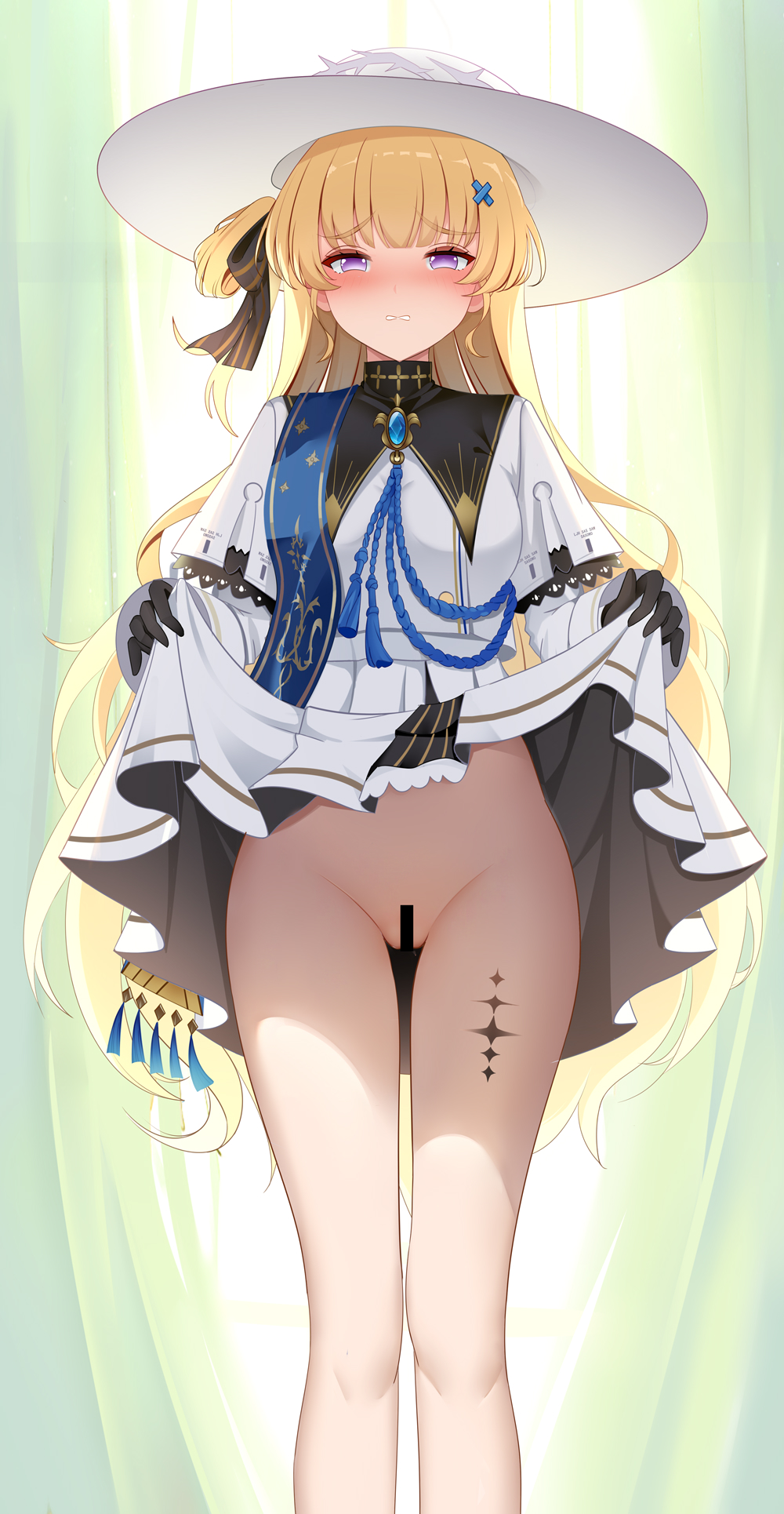 bar_censor black_collar black_gloves blonde_hair breasts censored clothes_lift collar female gloves hair_ornament hat highres large_breasts leg_tattoo lifting_own_clothes long_hair long_sleeves looking_at_viewer muq phoebe_(wuthering_waves) purple_eyes shirt skirt skirt_lift solo tattoo white_hat white_shirt white_skirt wuthering_waves x_hair_ornament