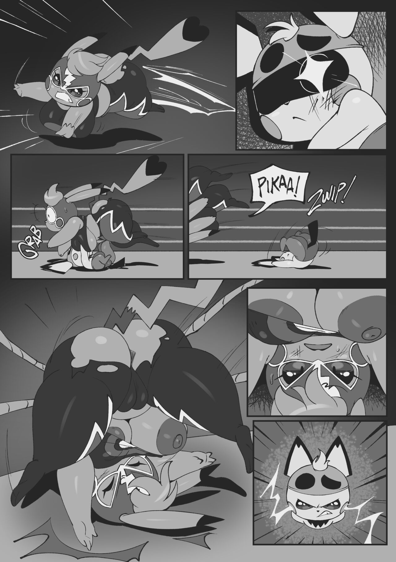 1boy, ass, big ass, big breasts, breasts, comic, comic page, cosplay pikachu, female, joaoppereiraus, kanna (joaoppereiraus), leroy (joaoppereiraus), male, monochrome, nintendo, nintendo switch, pichu, pikachu, pikachu libre, pokémon (species), pokemon, pokemon (species), pussy, super smash bros., super smash bros. ultimate, vagina