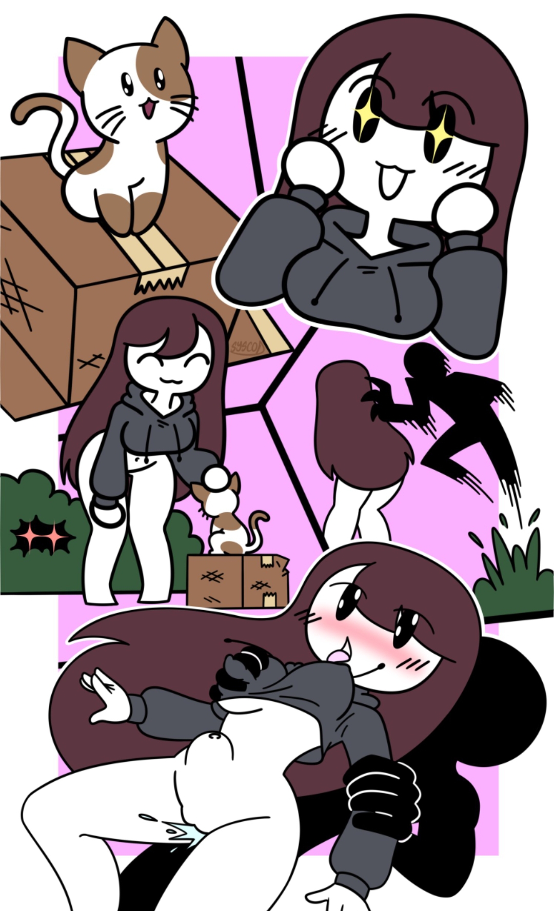 :3, 1boy, 1girls, ambush, anon, black body, black skin, blush, blush lines, blushing, bottomless, bottomless female, box, breasts, brown hair, cat, clothing, cute, exposed pussy, feline, female, grabbing, grabbing breasts, groping, groping breasts, humanoid, josee (nekuzx), long hair, male, pussy, pussy juice, rape, sex, simple, simple background, small breasts, stickman, stomach bulge, straight, tagme, white body, white skin, youtube, youtuber