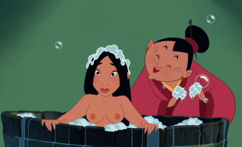 2girls accurate_art_style age_difference asian asian_female assisted_bathing bath bath_barrel bathing black_hair breasts clothed_female_nude_female disney disney_princess edit edited embarrassed_nude_female enf fa_mulan kuplo_(artist) mulan multiple_girls nipples nude nude_female only_one_naked screencap screenshot screenshot_edit soap washing washing_hair