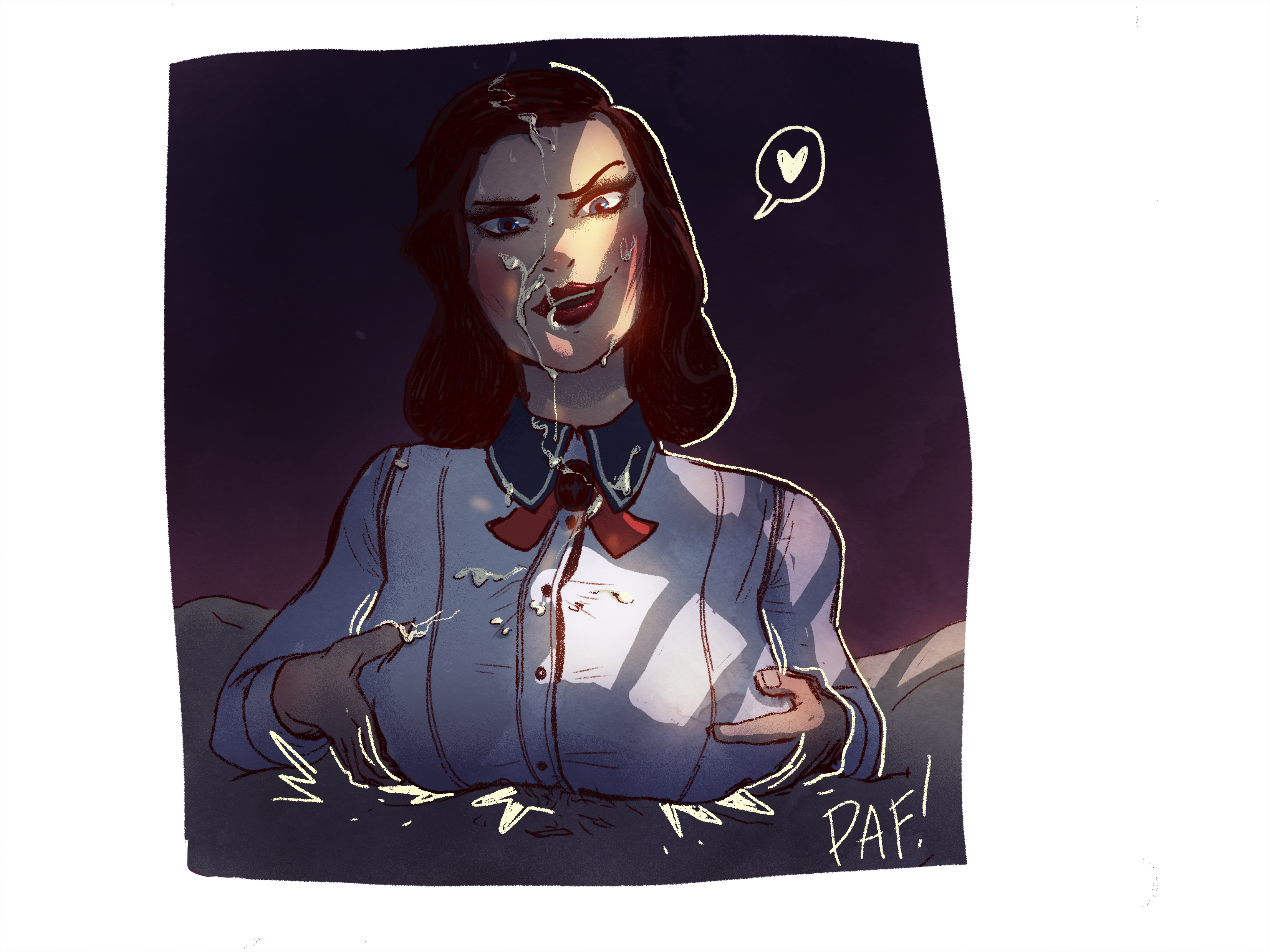 bioshock, bioshock infinite, blush, breasts, bulge, burial at sea, button down shirt, buttons, clothing, collar, cum, cum between breasts, cum on breasts, cum on clothes, cum on face, cum through clothes, cumshot, ejaculation, ejaculation between breasts, elizabeth comstock, elizabeth comstock (burial at sea), facial, female, heart, holding breast, human, human on human, large breasts, liljeno, lipstick, looking at viewer, paizuri, paizuri under clothes, pov, red ribbon, ribbon, source request, text, throbbing, titfuck under clothes, titjob, twitch lines, twitching, uniform