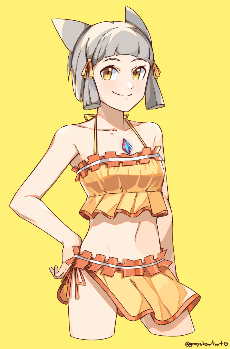 1girls bikini breasts cat_ears catgirl core_crystal graysheartart grey_hair halterneck hand_on_hip looking_at_viewer midriff navel nia nia_(xenoblade) nintendo sarong short_hair side-tie_bikini side-tie_swimsuit small_breasts swimsuit xenoblade_(series) xenoblade_chronicles_2 yellow_bikini yellow_eyes yellow_sarong yellow_swimsuit