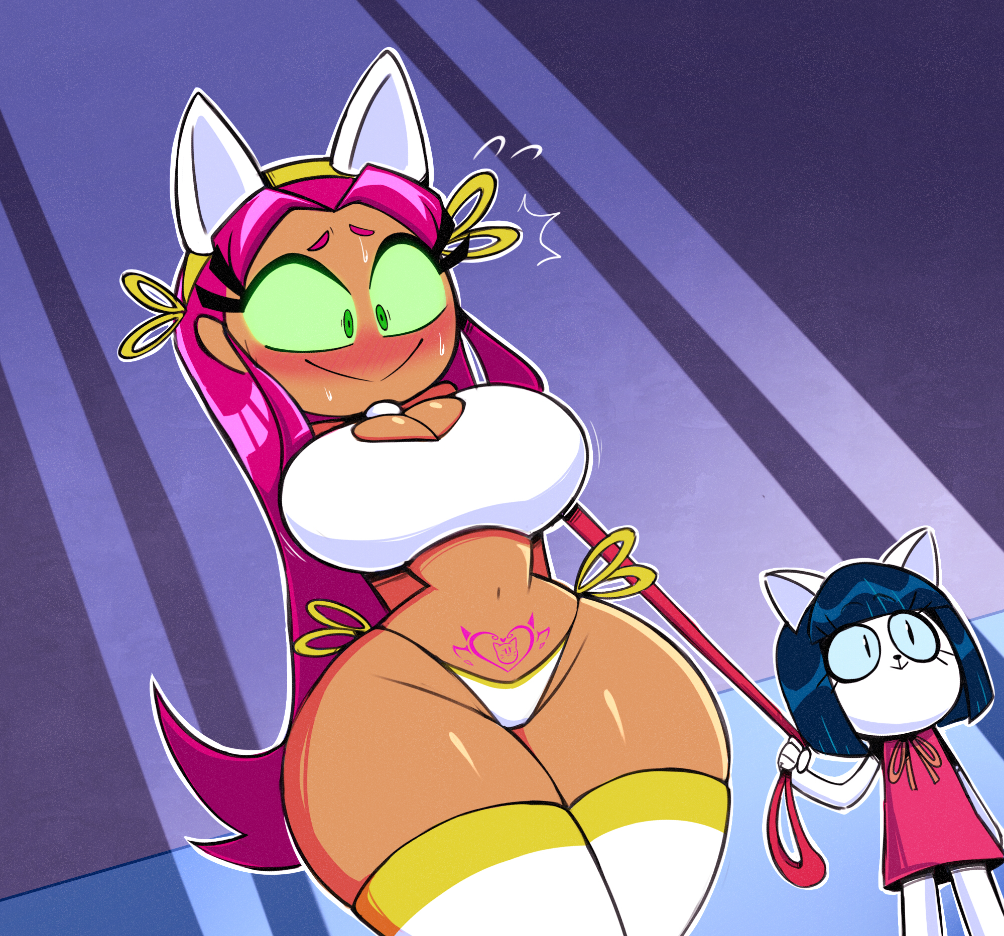 2girls, alien girl, big breasts, blush, blushing, breasts, cartoon network, cat girl, catgirl, cleavage, dc, dc comics, female, female alien, female only, femsub, green eyes, green-eyed female, koriand'r, large breasts, leash, leash pull, nelljoestar, no pants, pubic tattoo, starfire, tamaranean, tattoo, teen titans, teen titans go, thick thighs, thighs