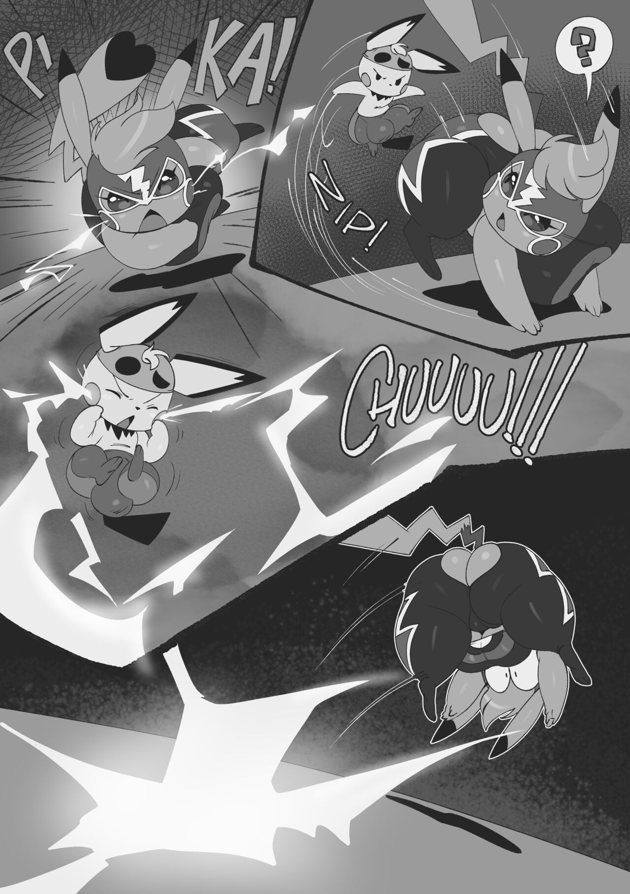1boy, ass, ass cleavage, ass crack, big ass, big breasts, breasts, butt crack, comic, comic page, cosplay pikachu, female, joaoppereiraus, kanna (joaoppereiraus), leroy (joaoppereiraus), male, monochrome, nintendo, nintendo switch, pichu, pikachu, pikachu libre, pokémon (species), pokemon, pokemon (species), super smash bros., super smash bros. ultimate