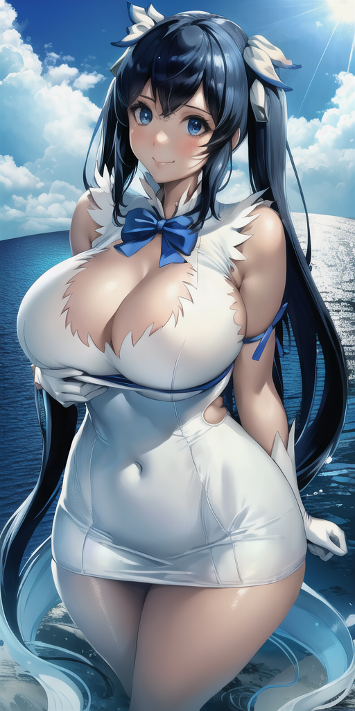 1girls, ai generated, black hair, blue eyes, blush, breasts, cleavage, clothed, dress, dungeon ni deai wo motomeru no wa machigatteiru darou ka, female, goddess, hestia (danmachi), hips, huge breasts, light skin, light-skinned female, outdoors, smile, stable diffusion, thick thighs, thighs, twintails, wide hips