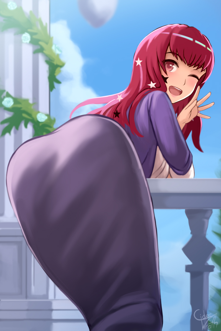 1girls ;d alternate_version_available ass ass_focus balcony bent_over big_ass breasts ciderwrath facial_tattoo female female_only fire_emblem fire_emblem_engage gesture gift hair_ornament long_hair looking_at_viewer looking_back medium_breasts more_at_source nintendo one_eye_closed open_mouth presenting presenting_hindquarters red_hair seductive sky smile solo star_(symbol) tattoo valentine valentine's_day waving waving_at_viewer wink yunaka_(fire_emblem)