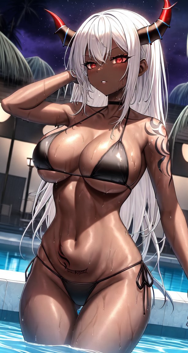 1girls, 2023, ai generated, anime nose, bikini, curvaceous, curvy, curvy body, curvy female, curvy figure, demon, elf, elf ears, elf female, female, high resolution, highres, horned female, horned humanoid, horns, long hair, red eyes, seductive look, stable diffusion, white hair