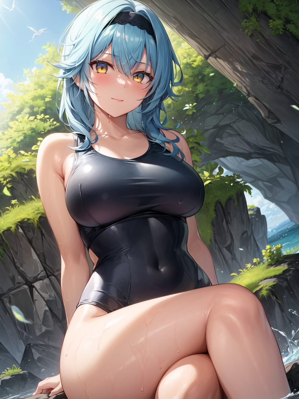 1girls, ai generated, blue hair, curvaceous, curvy, curvy body, curvy female, eula (genshin impact), female, genshin impact, hi res, high resolution, latex swimsuit, long hair, mihoyo, seductive look, solo female, swimsuit, wet swimsuit