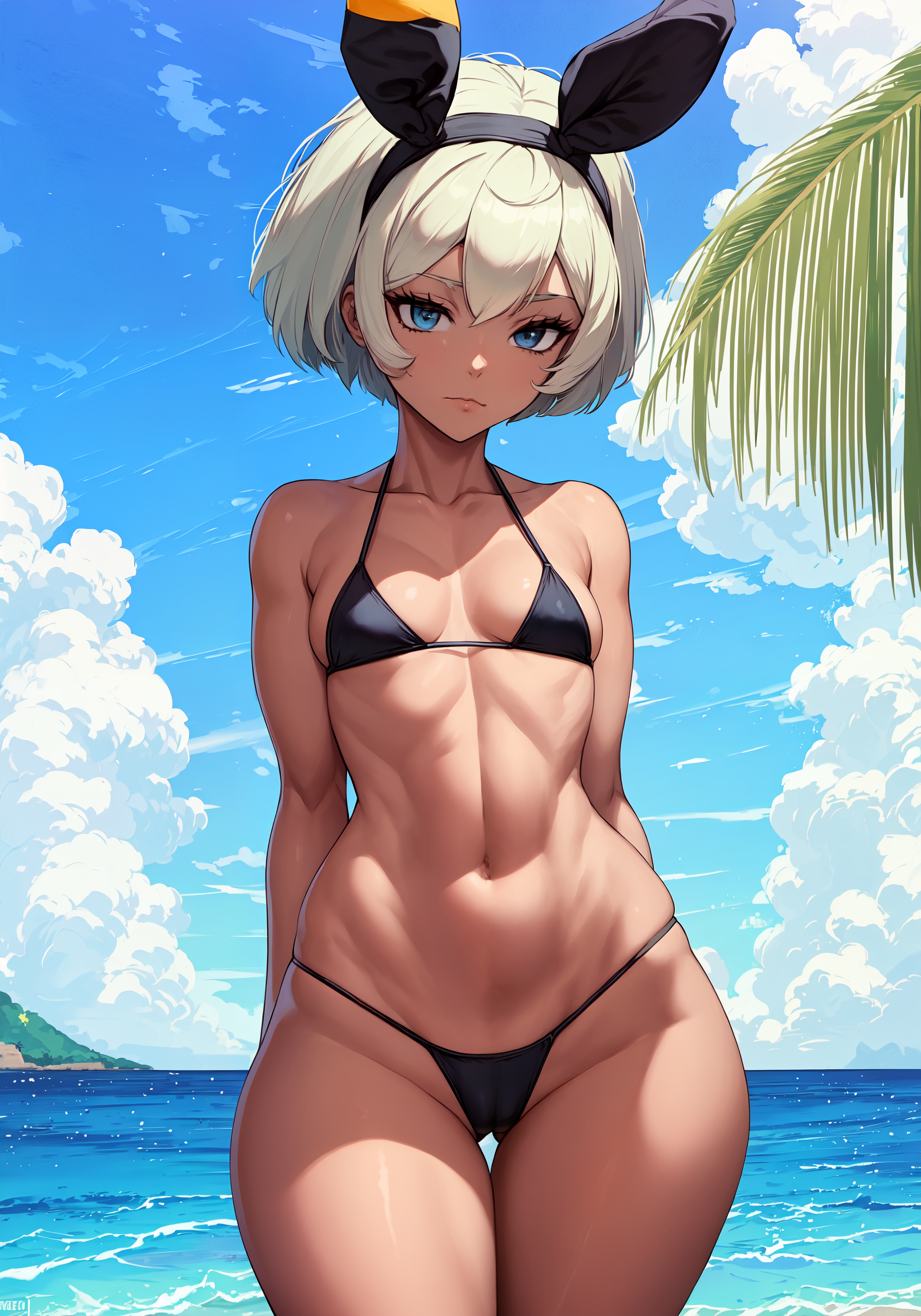 1girls, ai generated, bea (pokemon), bikini, blue eyes, breasts, bunny ears, bunny girl, cameltoe, female, gym leader, high resolution, highres, looking at viewer, pokemon, pokemon (game), pokemon ss, pussy, seductive look, short hair, small breasts, tanned, tanned female, tanned skin, white hair