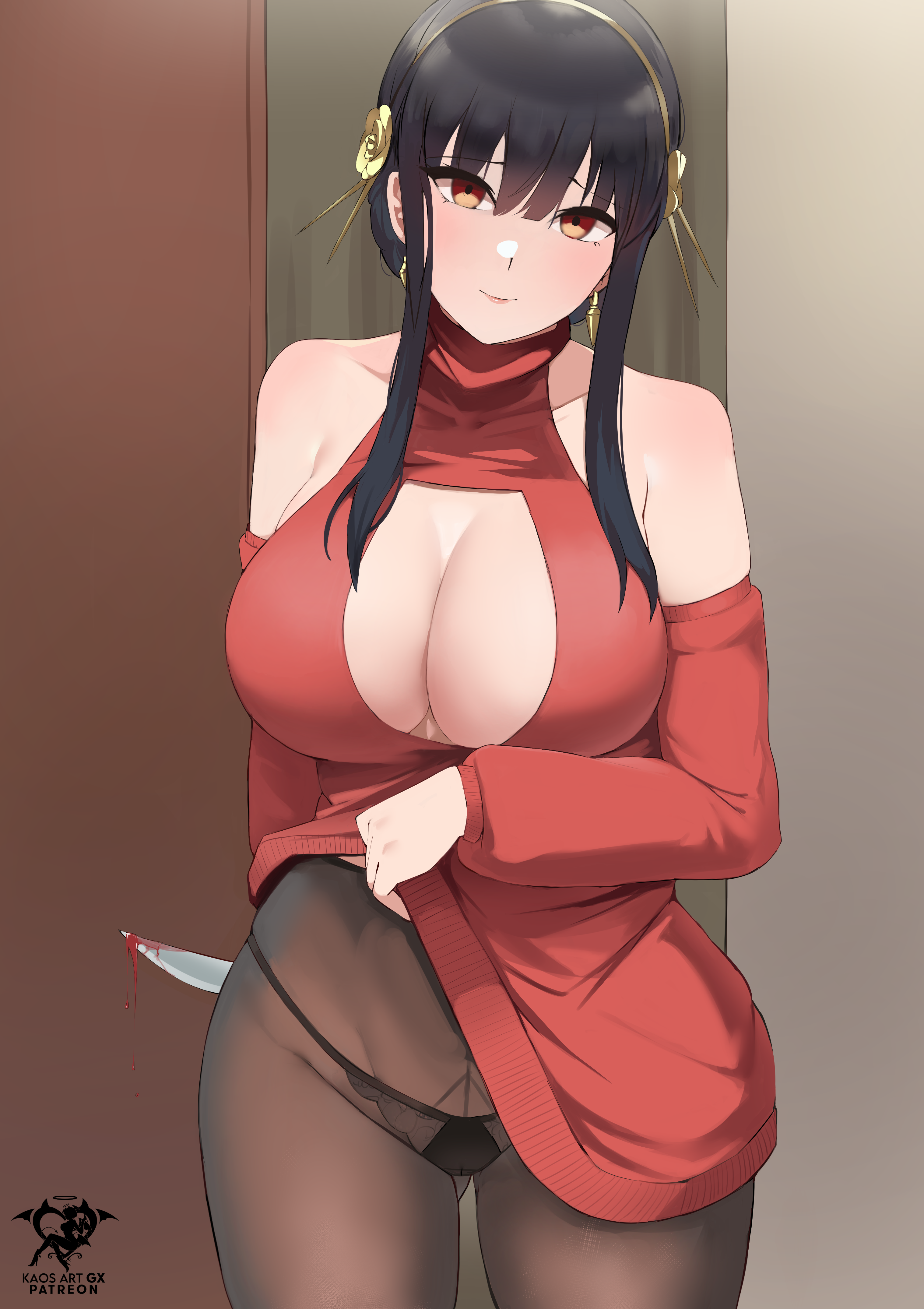 1girls, assassin, big breasts, black hair, boob window, breasts, cleavage, female, female human, fit, fit female, high resolution, hips, holding object, human, kaos art, knife, large breasts, light skin, light-skinned female, long hair, mature female, object behind back, pantyhose, red eyes, slim waist, spy x family, sweater, sweater dress, thick thighs, thighs, thorn princess, wide hips, yor briar, yor forger