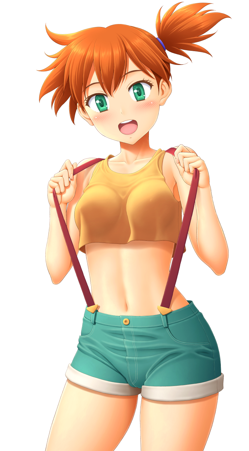 :d bangs bare_arms blush breasts collarbone commentary_request covered_erect_nipples cowboy_shot creatures_(company) eyelashes female game_freak green_eyes green_shorts hands_up highres kasumi_(pokemon) kasumi_(pokemon) looking_at_viewer midriff navel nintendo open_mouth orange_hair pokemon pokemon_(anime) pokemon_(classic_anime) shirt short_shorts shorts side_ponytail simple_background sin-go small_breasts smile solo suspenders teeth tongue upper_teeth_only white_background yellow_shirt