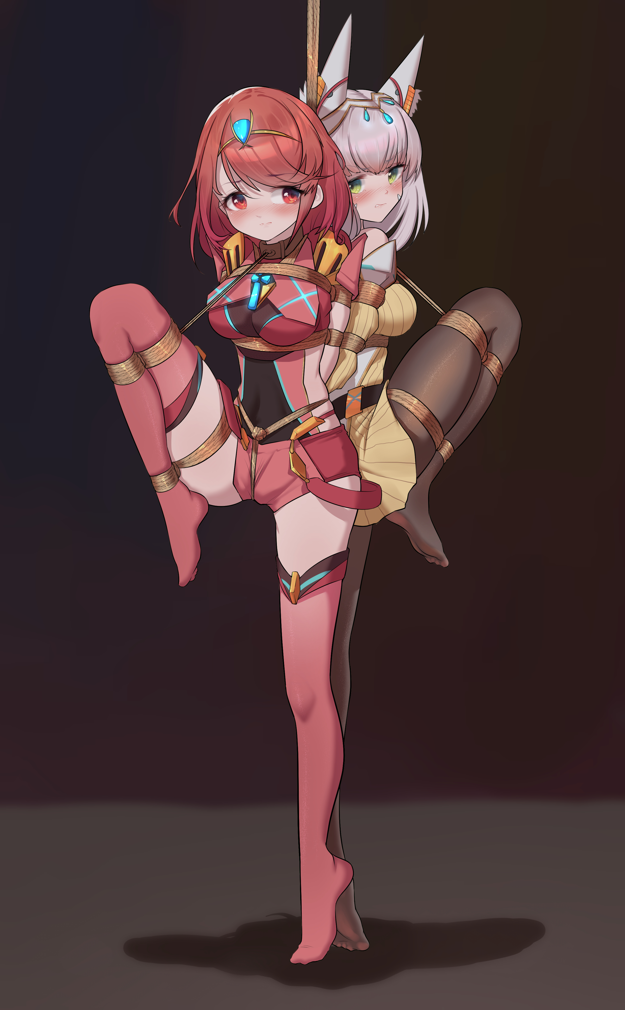 2girls, absurd res, atmww, bare shoulders, black legwear, black pantyhose, blush, bondage, bound, bound together, breasts, cat ears, cat girl, catgirl, clenched teeth, collar, core crystal, detached sleeves, dress, female, female only, femsub, highres, large breasts, leg up, legwear, nia, nia (xenoblade), nintendo, on one leg, pantyhose, pyra, queen, red eyes, red hair, red stockings, red thighhighs, royalty, short hair, silver hair, standing, standing on one leg, stockings, submissive, submissive female, thick thighs, thighhighs, thighs, xenoblade (series), xenoblade chronicles 2, xenoblade chronicles 3, yellow dress, yellow eyes