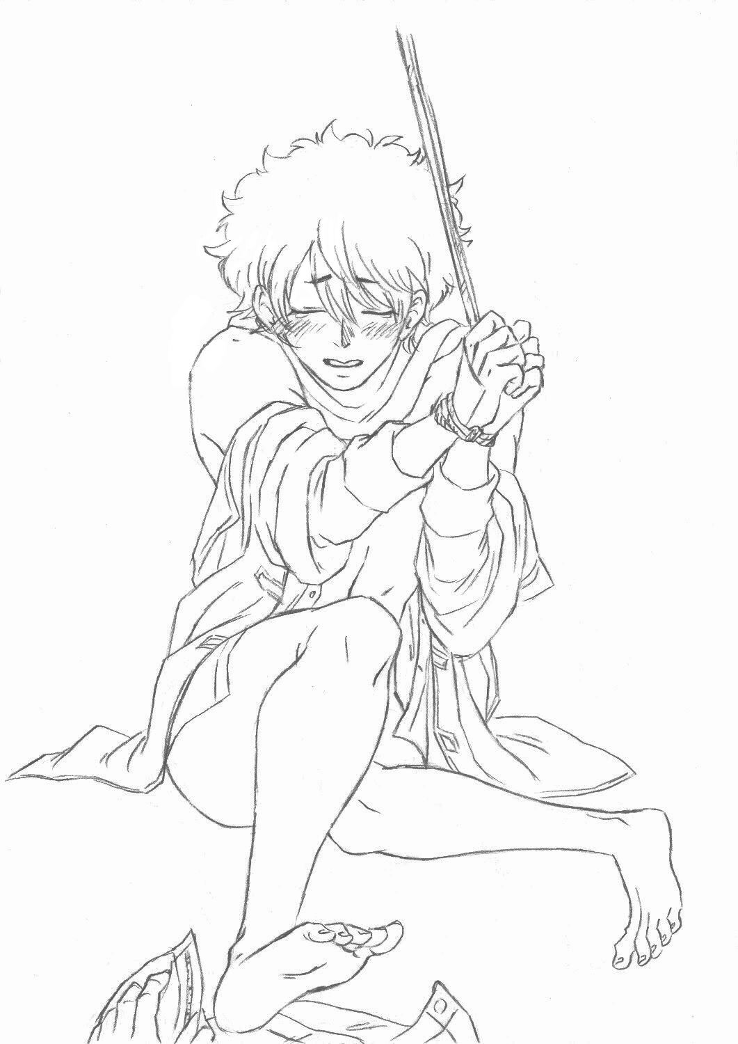 afro assisted_exposure bare_legs barefoot blush bondage bottomless bound bound_wrists closed_eyes full_body gintama kogarashi_(pixiv) male male_only monochrome off_shoulder open_shirt restrained saitou_shimaru sketch solo_focus undressing_another