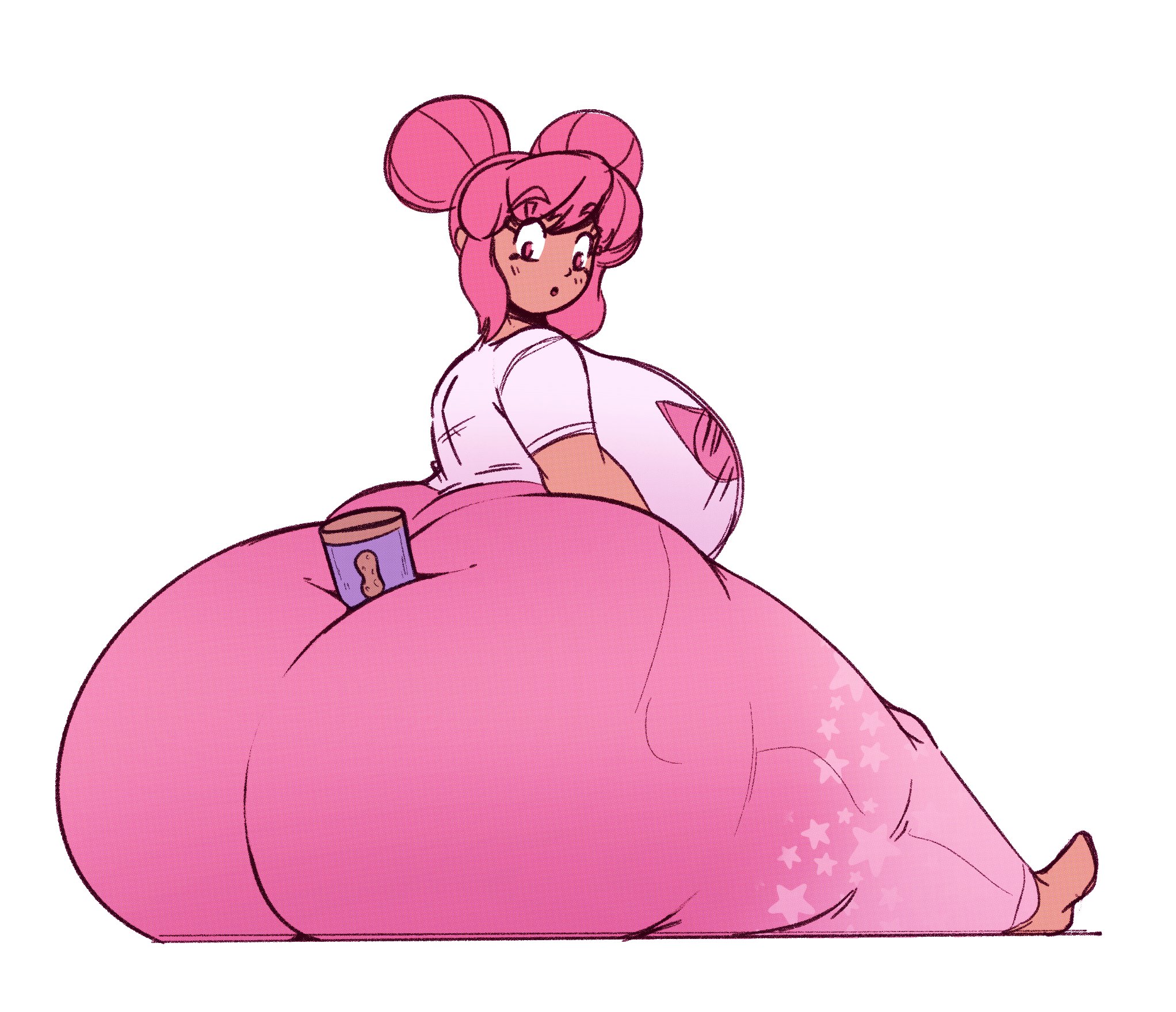 1girls, ass, ass body, ass focus, ass shelf, big ass, big butt, bottom heavy, bubble ass, bubble butt, fat ass, female, female focus, female only, fiffer, giant ass, gigantic ass, hair buns, huge ass, huge butt, hyper, hyper ass, hyper butt, jenny (fiffer), leggings, massive ass, pink hair, pink-haired female, round ass, sitting down, solo, tights