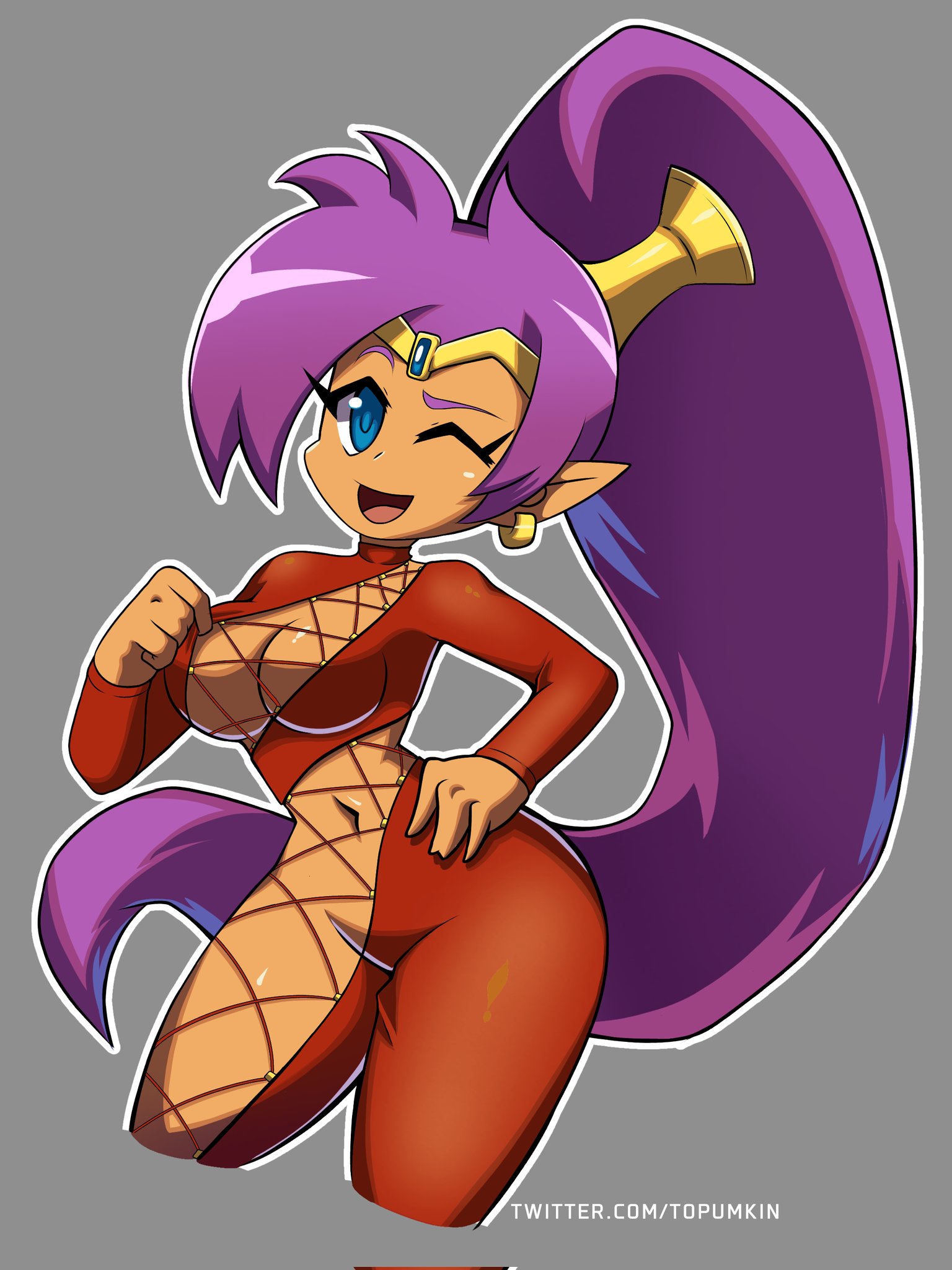 1girls, blue eyes, dark skin, dark-skinned female, female, female focus, female only, pointy ears, purple hair, revealing clothes, shantae, shantae (character), shantae: half-genie hero, smooth skin, string jumpsuit, tagme, tan skin, topumkin