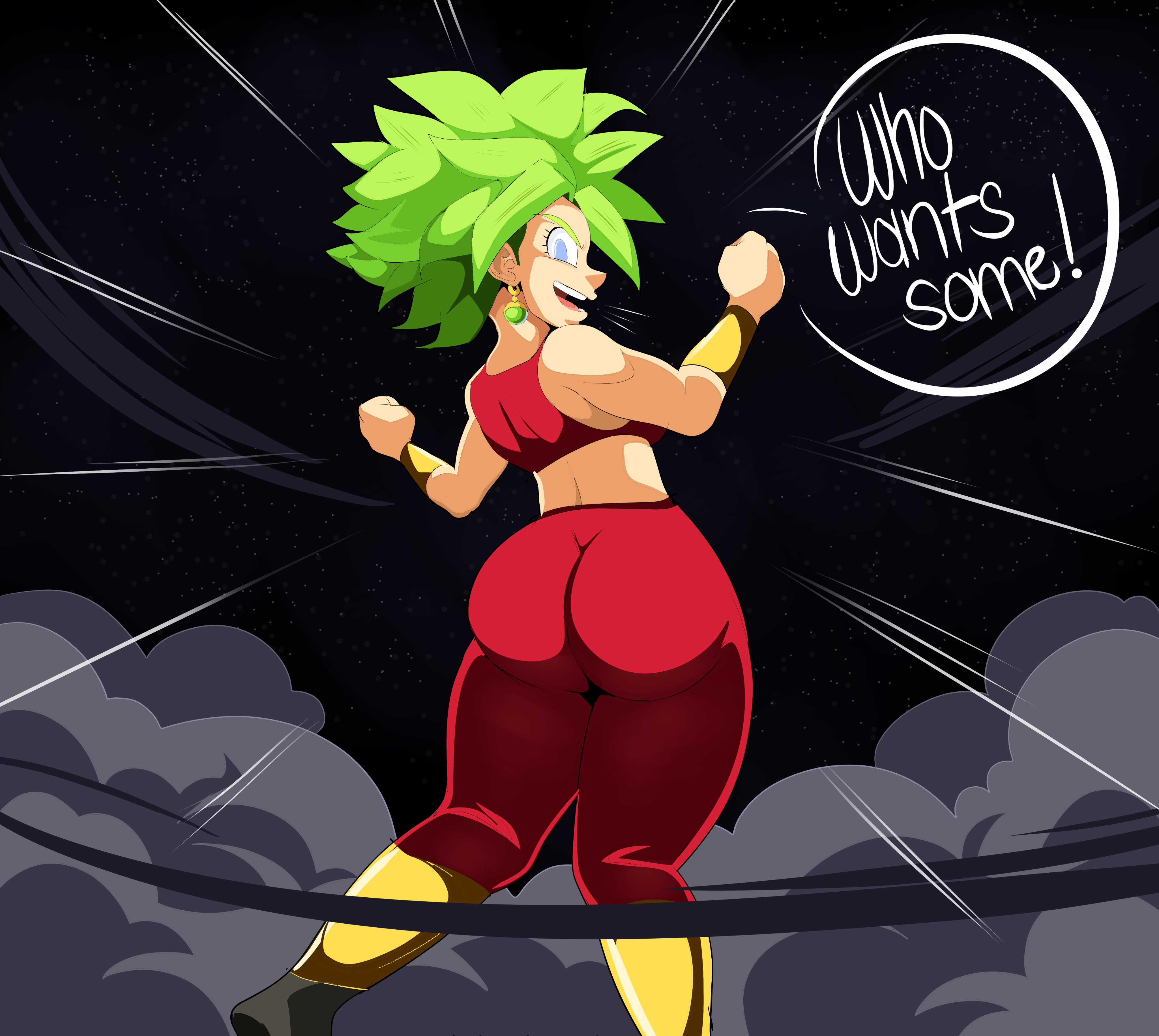 ass, barrybbeesly, big ass, dialogue, dragon ball, dragon ball super, fat ass, female, fusion, green eyebrows, green hair, kefla, legendary super saiyan, leggings, light skin, light-skinned female, looking at viewer, looking back, potara earrings, red pants, sports bra, super saiyan, super saiyan 2