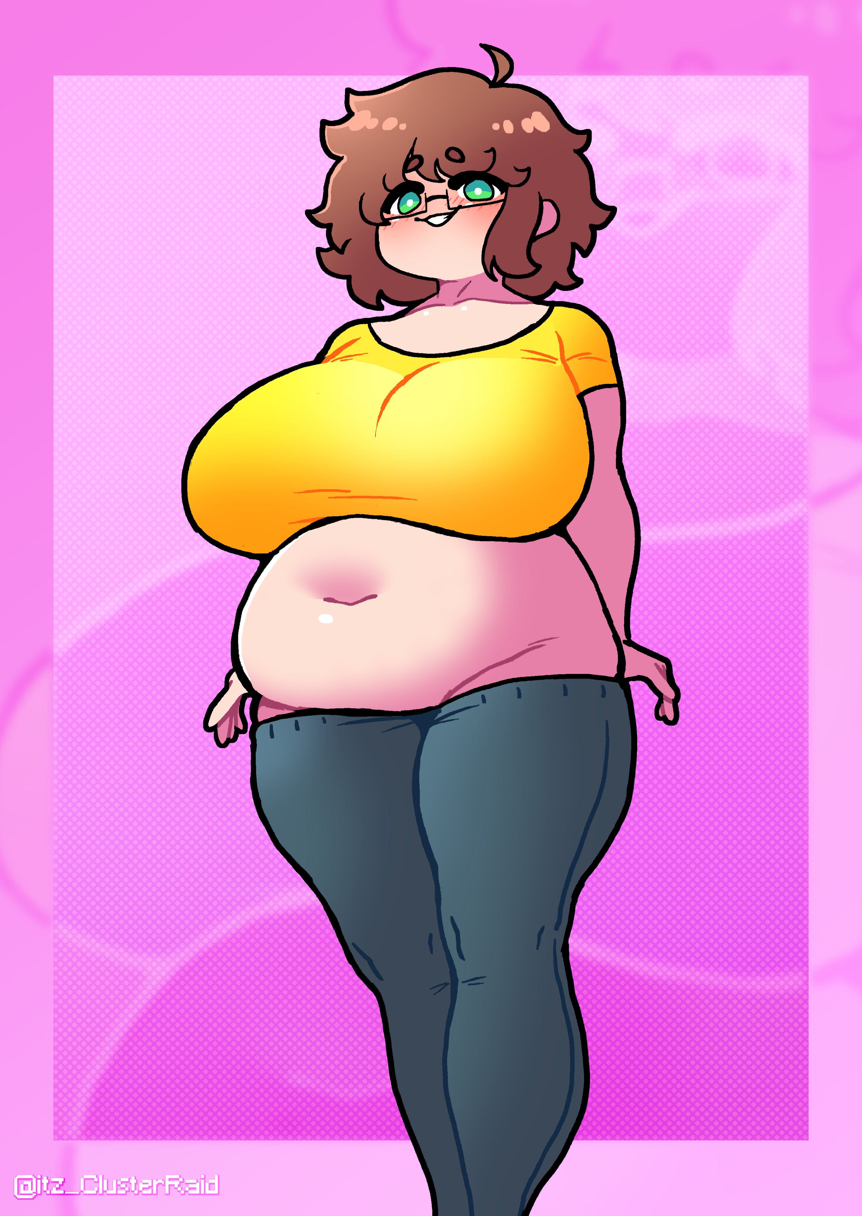 1girls, belly, big belly, big breasts, big tits, blush, blushing, breasts, chubby, chubby female, curvaceous, curvy, curvy body, curvy hips, ellie (paladin), female, hips, huge breasts, looking at viewer, nerdy female, plump, taking clothes off, taking off pants, tz clusterraid, undressing, wide hips