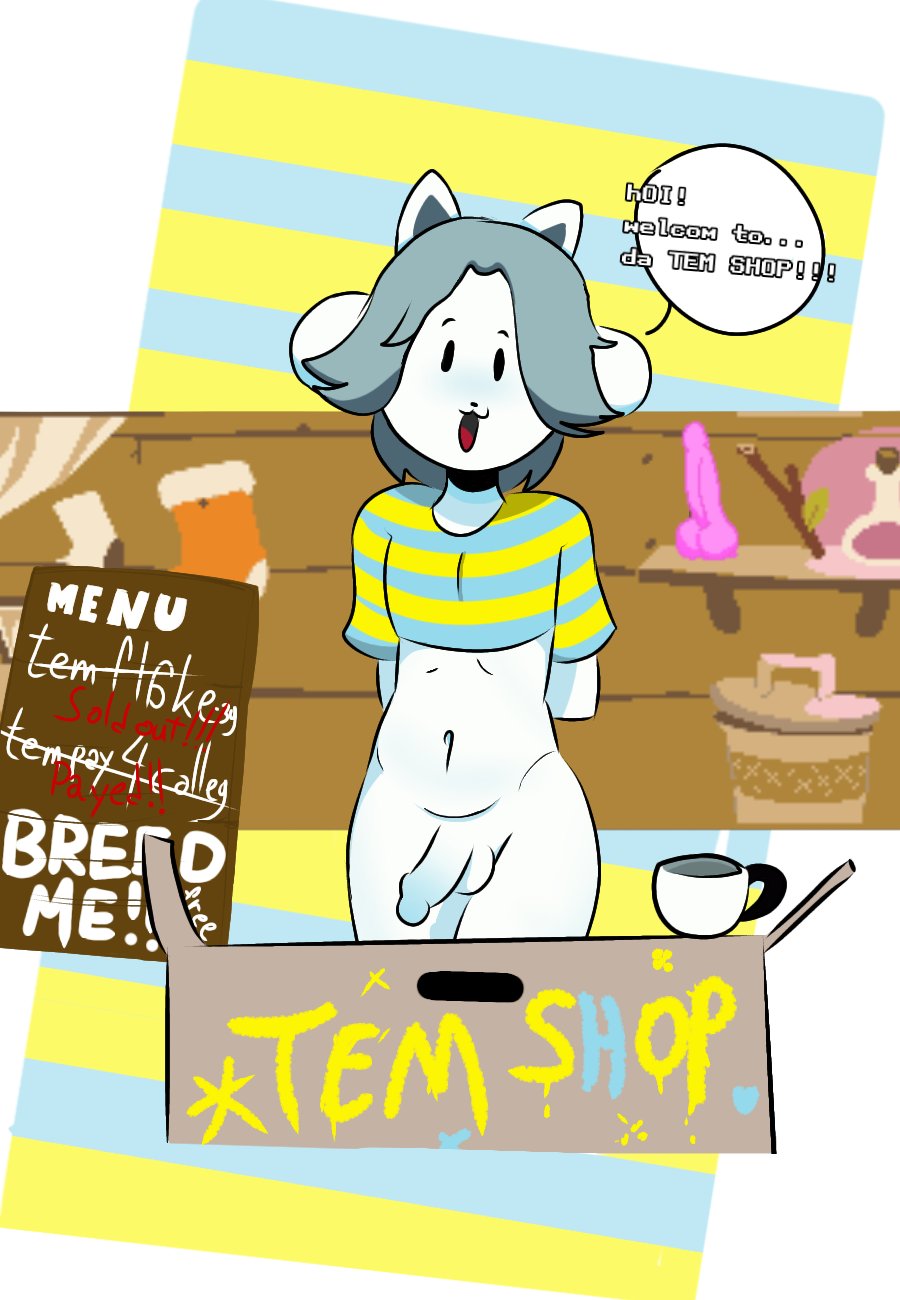 1boy 2d artist_request bob_(undertale) color crop_top dialogue dildo english english_dialogue english_text erect feline femboy furry girly male male_focus male_only mob_face nickiefucks solo tagme tagme_(artist) tem temmie temmie_(undertale) text uncensored undertale undertale_(series)