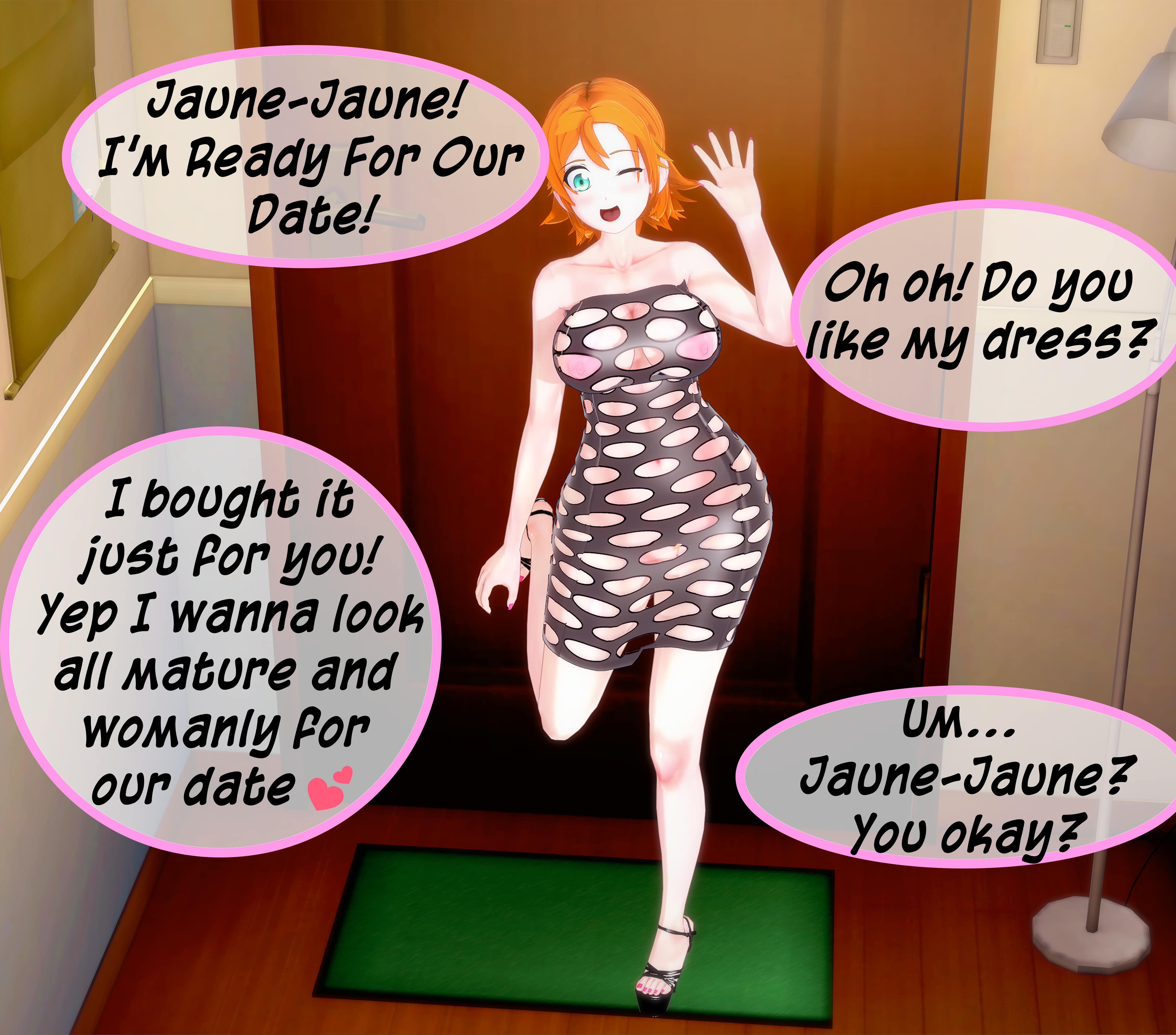 1girls, charastudio, english text, female, female only, jaune arc, nora valkyrie, offscreen character, partially clothed, rwby, solo, tagme, text