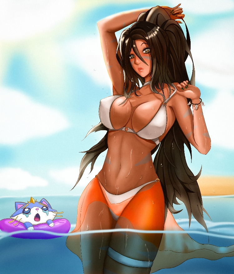 2d 2d_(artwork) big_breasts bikini black_hair dfg league_of_legends nidalee orange_eyes orange_eyes_female ponytail riot_games tanned_skin tribal_markings tribal_tattoo tribal_tattoos visible_nipples water wet wet_body wet_clothes wet_skin white_bikini yuumi_(lol) yuumi_fuckin_drowning