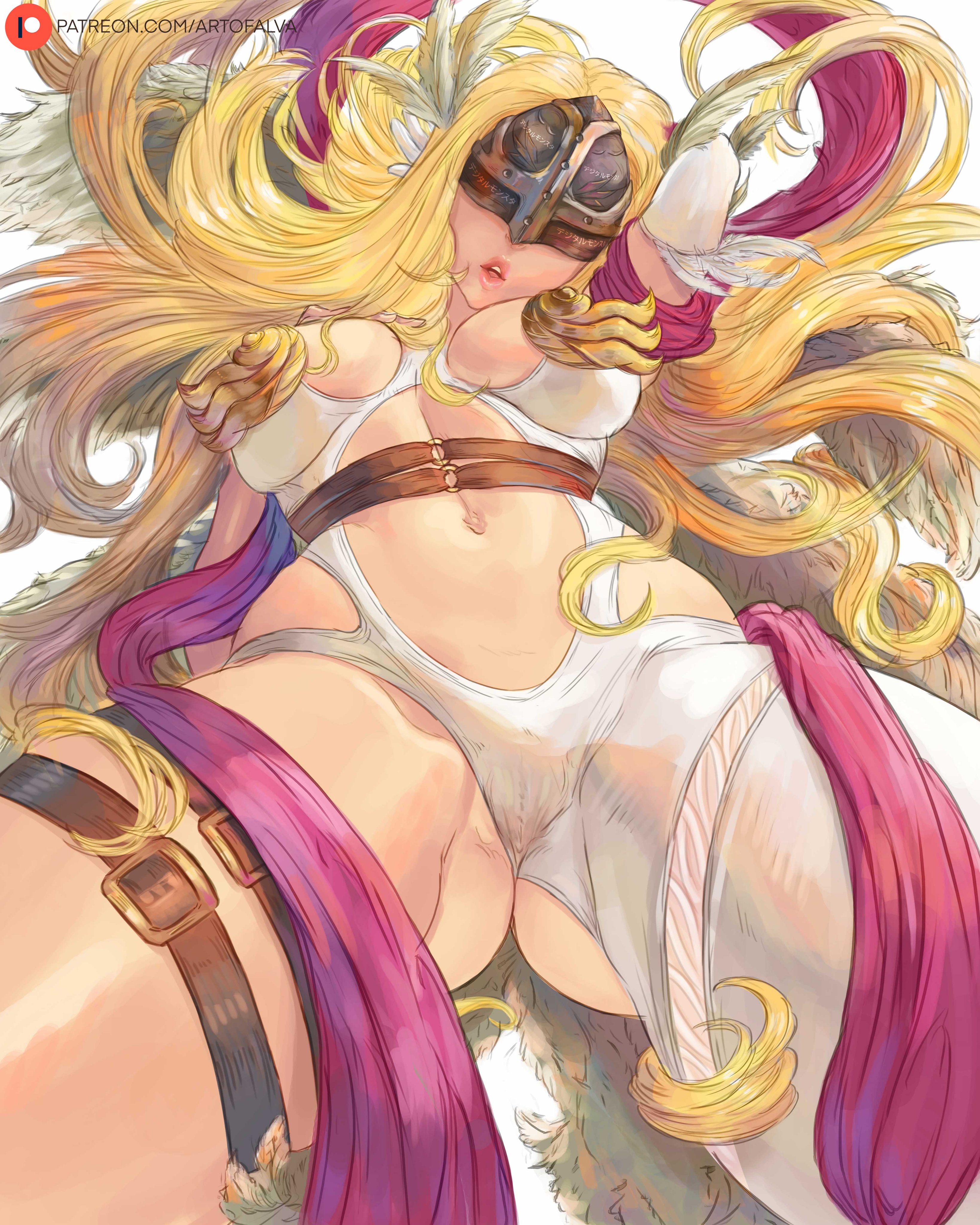 1girls, absurd res, angewomon, artofalva, blonde hair, cameltoe, cutesexyrobutts (style), digimon, female, female only, helmet, light skin, light-skinned female, long hair, looking at viewer, pale skin, pale-skinned female, pussy, solo, solo female, solo focus, thick thighs, viewed from below, white background, yellow hair